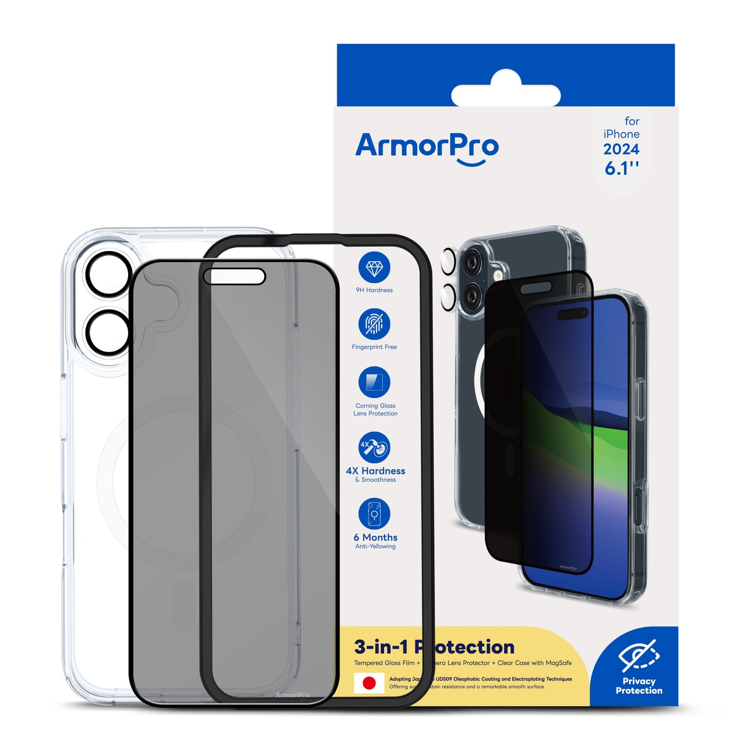 ArmorPro 3-in-1 Combo (Privacy Screen Protector & Camera Lens & Clear Case with MagSafe )for iPhone 16 Series
