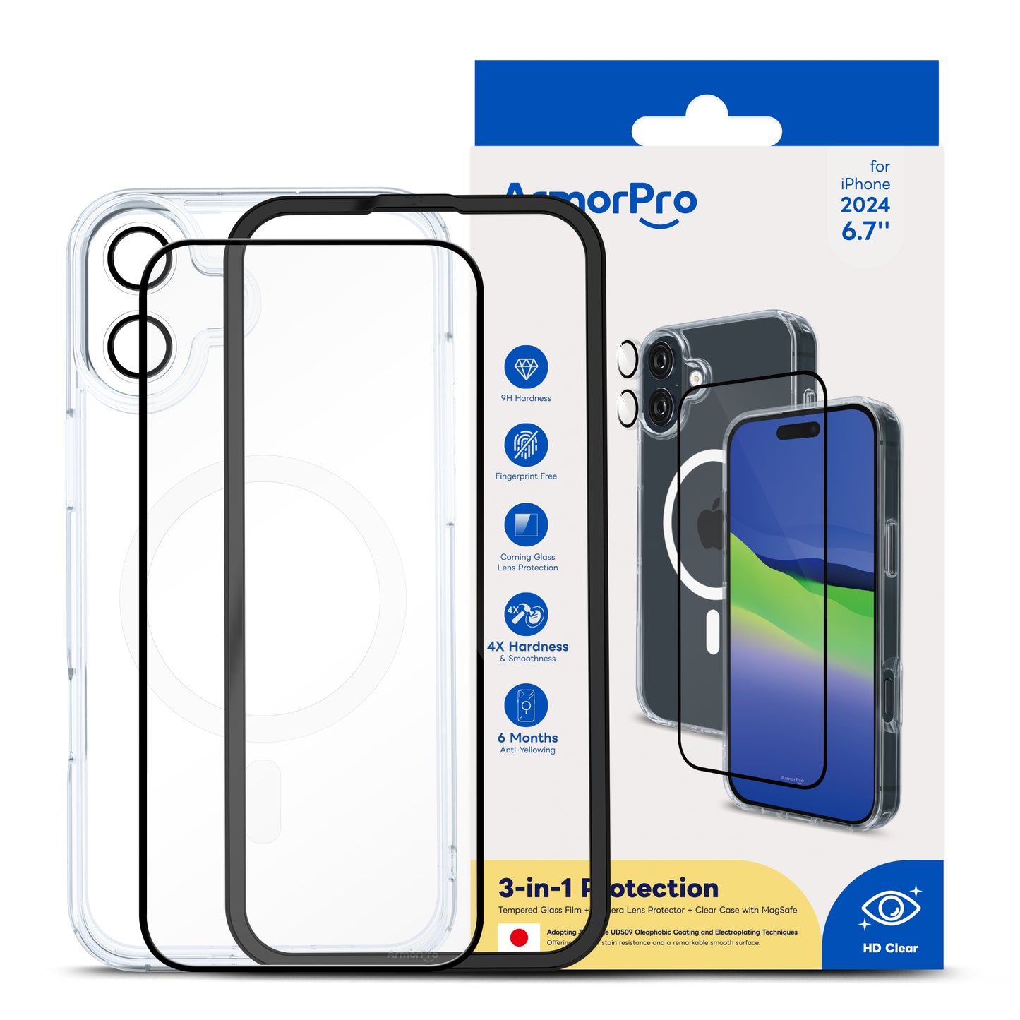 ArmorPro 3-in-1 Combo (HD Screen Protector & Camera Lens & Clear Case with MagSafe )for iPhone 16 Series