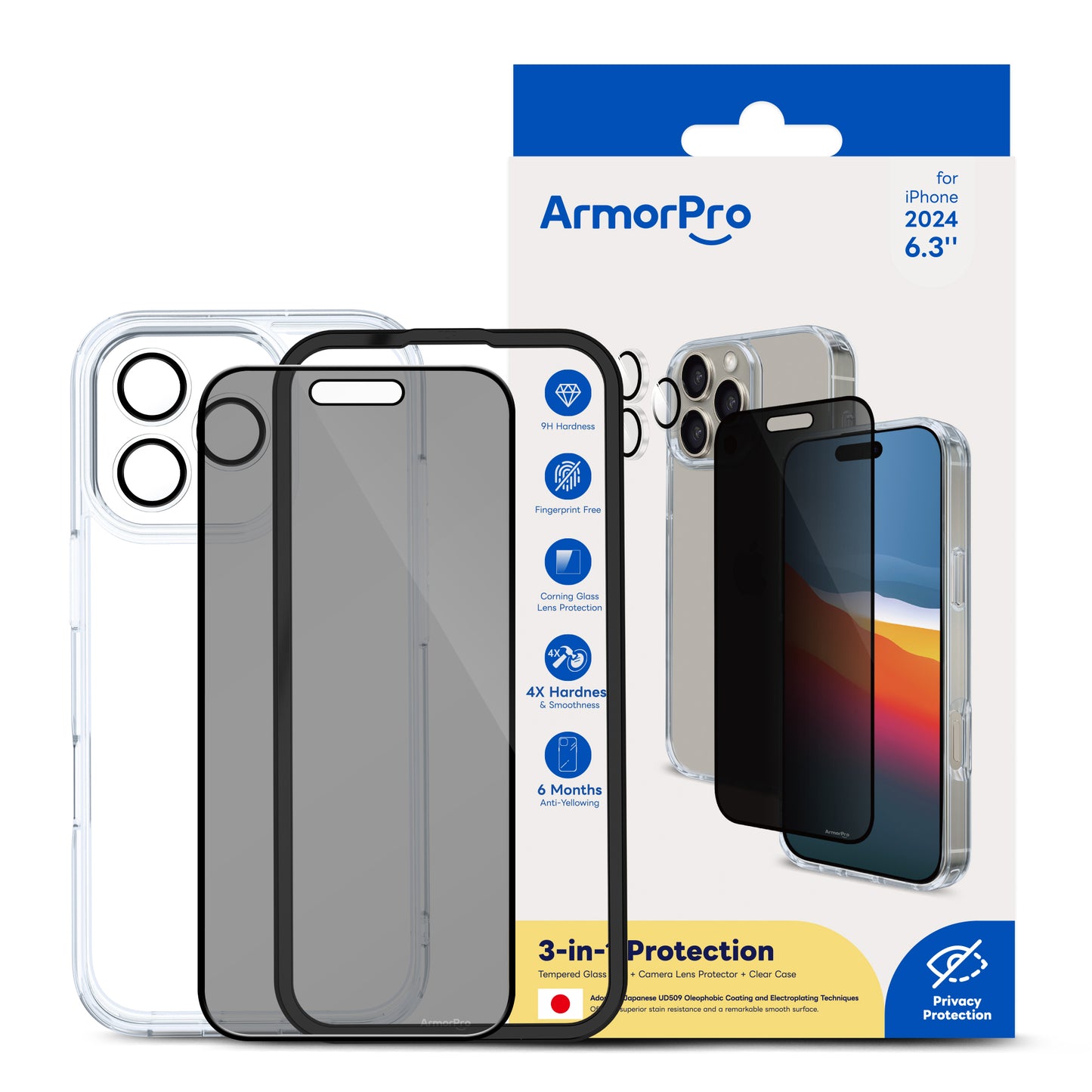 ArmorPro 3-in-1 Combo (Privacy Screen Protector & Camera Lens & Clear Case) for iPhone 16 Series