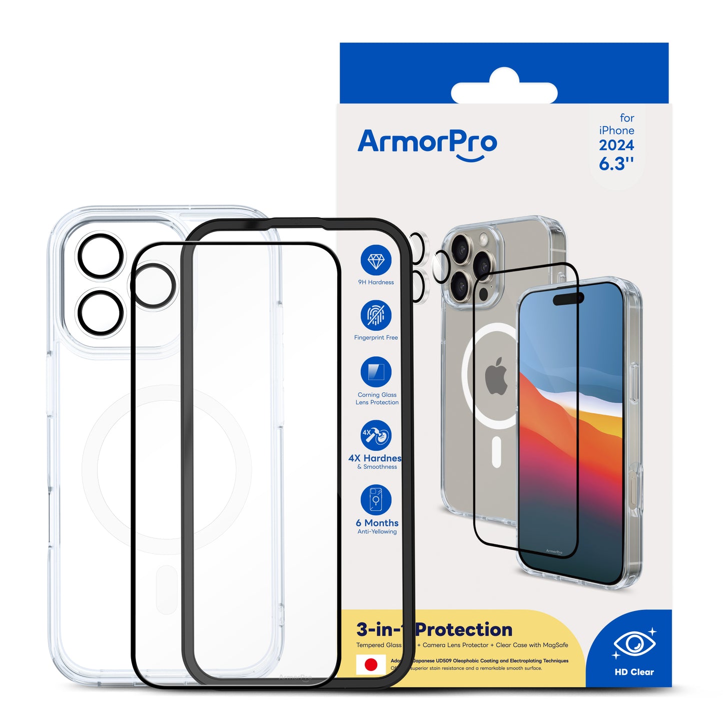ArmorPro 3-in-1 Combo (HD Screen Protector & Camera Lens & Clear Case with MagSafe )for iPhone 16 Series