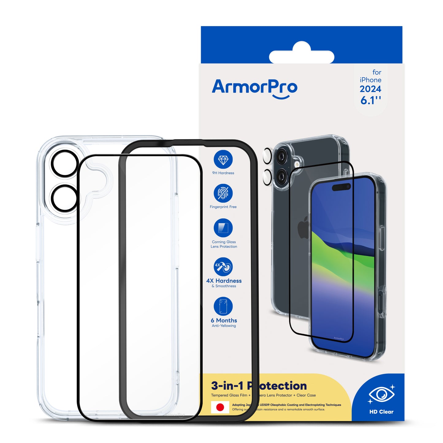 ArmorPro 3-in-1 Combo (HD Screen Protector & Camera Lens & Clear Case)for iPhone 16 Series