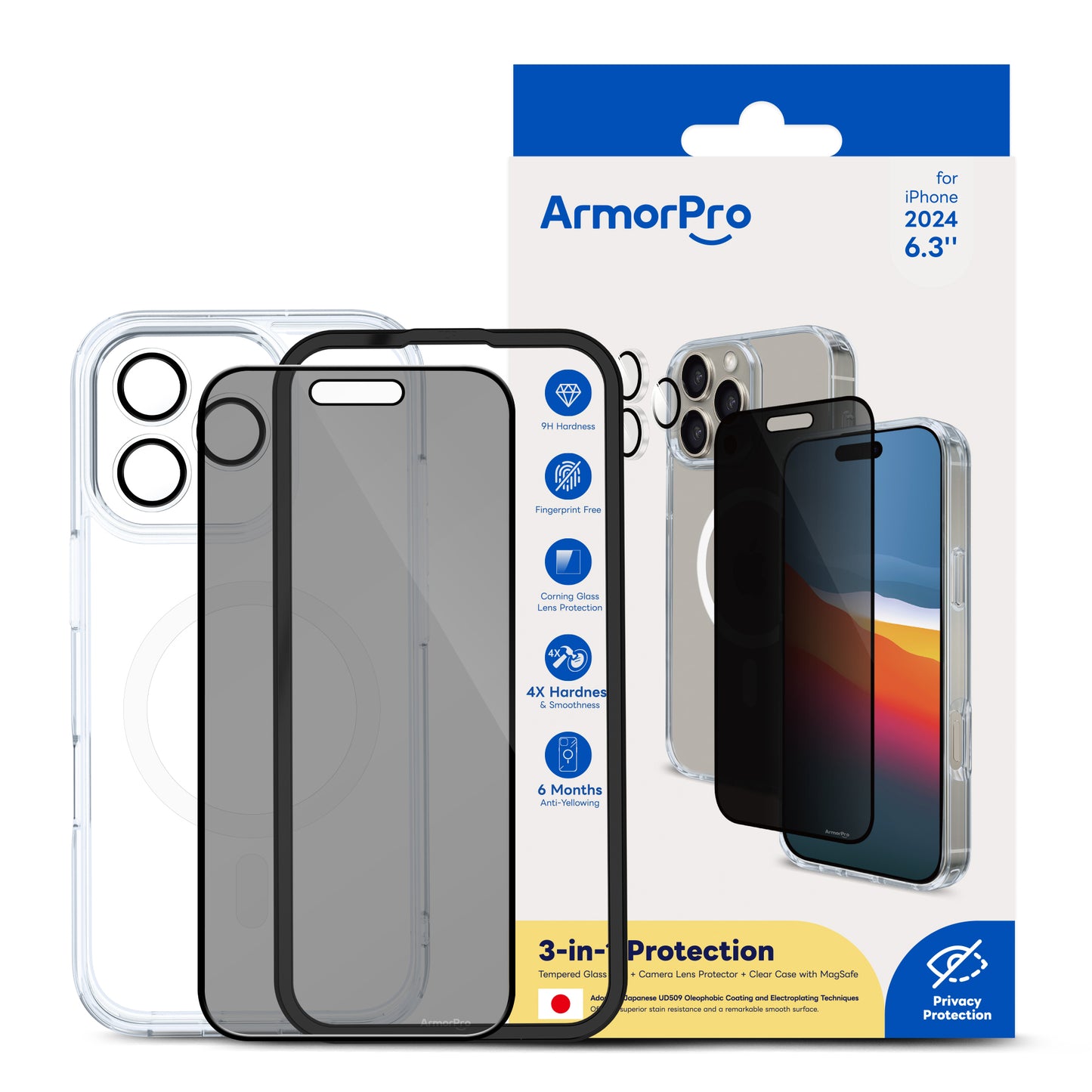 ArmorPro 3-in-1 Combo (Privacy Screen Protector & Camera Lens & Clear Case with MagSafe )for iPhone 16 Series