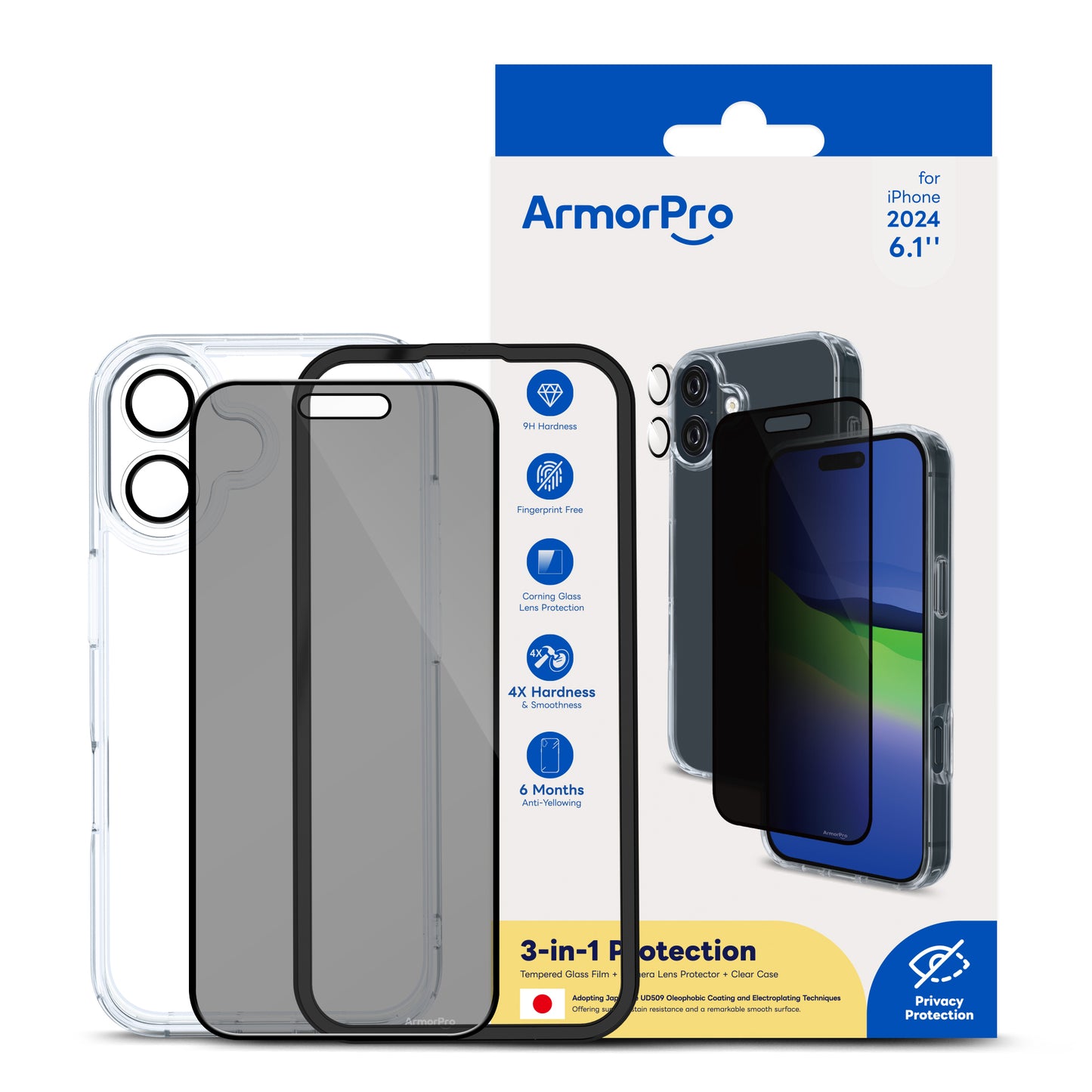 ArmorPro 3-in-1 Combo (Privacy Screen Protector & Camera Lens & Clear Case) for iPhone 16 Series