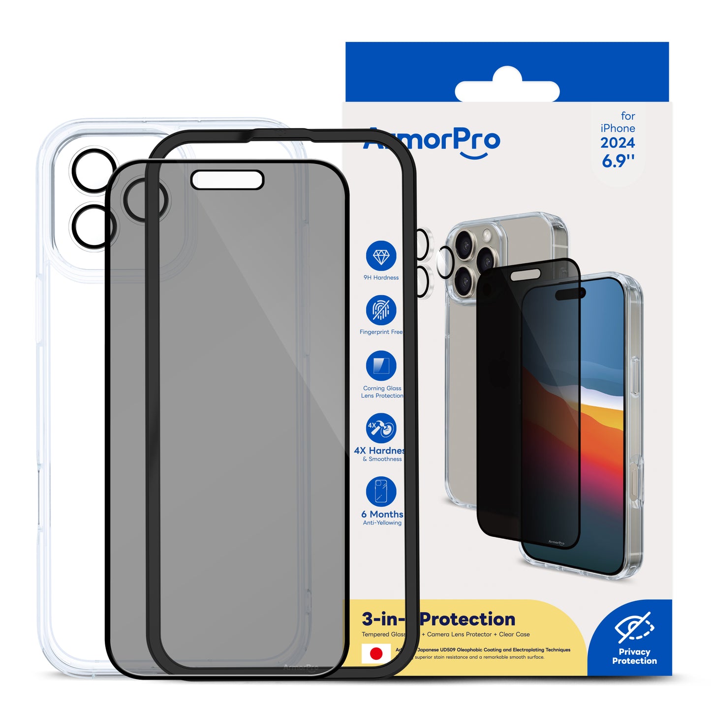 ArmorPro 3-in-1 Combo (Privacy Screen Protector & Camera Lens & Clear Case) for iPhone 16 Series