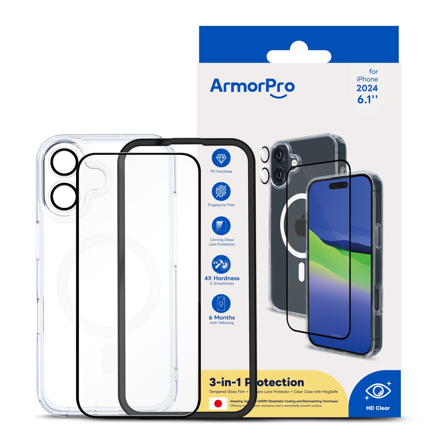 ArmorPro 3-in-1 Combo (HD Screen Protector & Camera Lens & Clear Case with MagSafe )for iPhone 16 Series