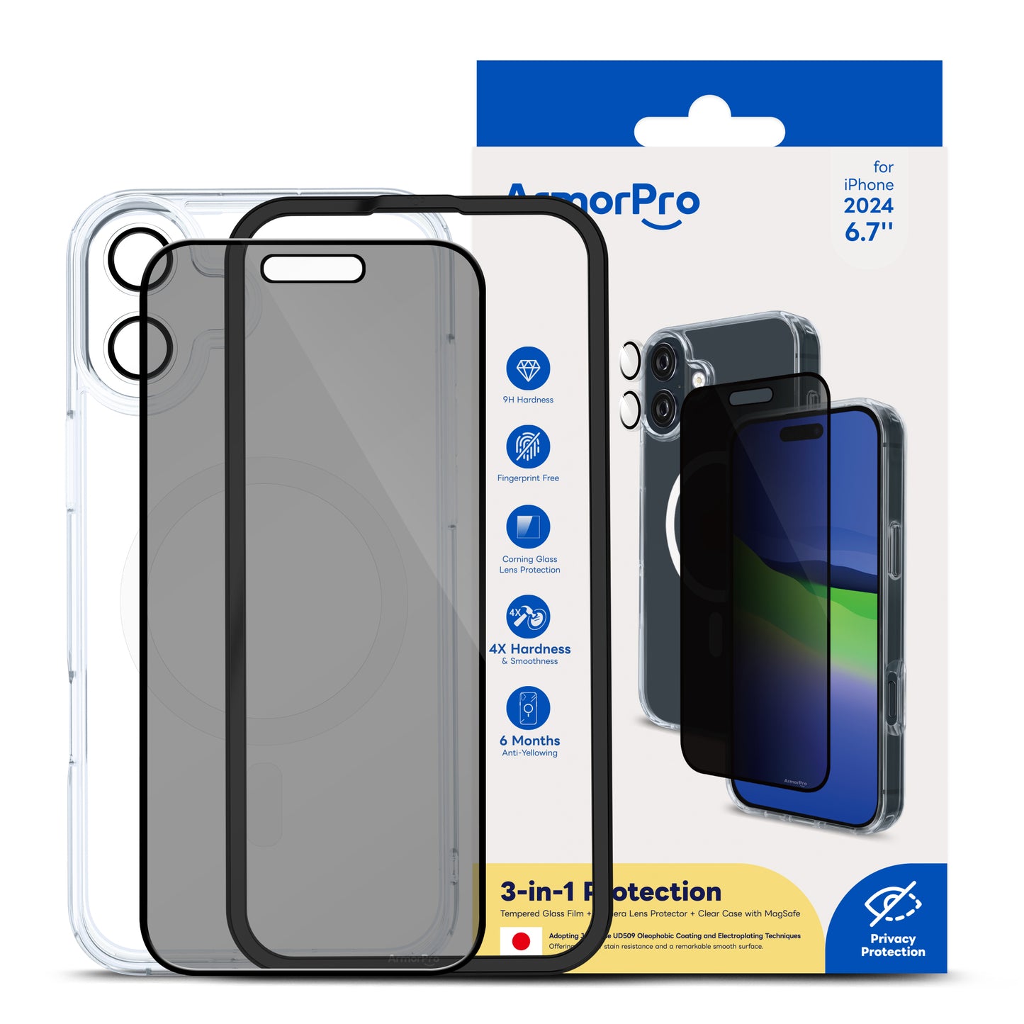 ArmorPro 3-in-1 Combo (Privacy Screen Protector & Camera Lens & Clear Case with MagSafe )for iPhone 16 Series