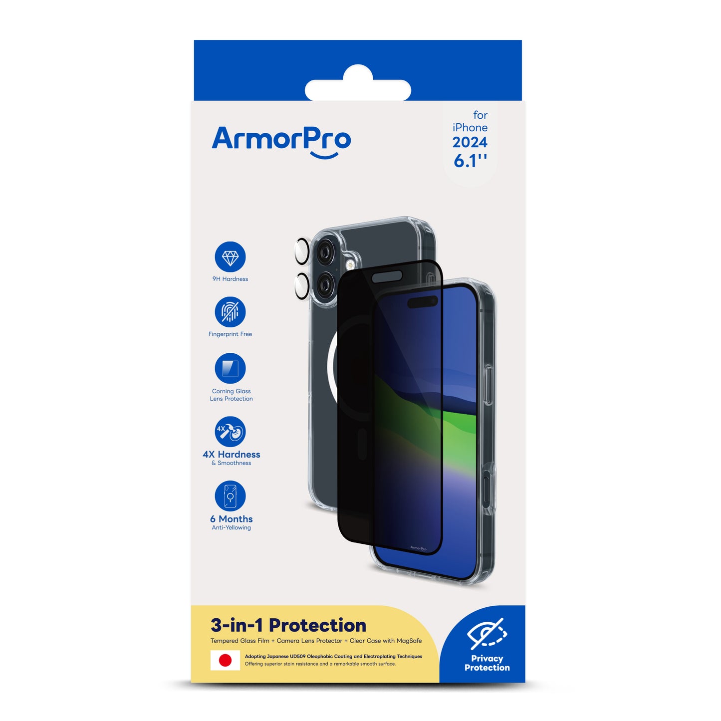 ArmorPro 3-in-1 Combo (Privacy Screen Protector & Camera Lens & Clear Case with MagSafe )for iPhone 16 Series