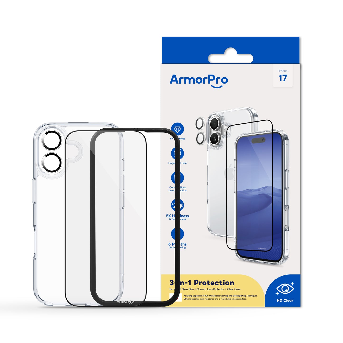 ArmorPro SODA 3-in-1 Combo (HD Screen Protector & Camera Lens & Clear Case)for iPhone 17 Series