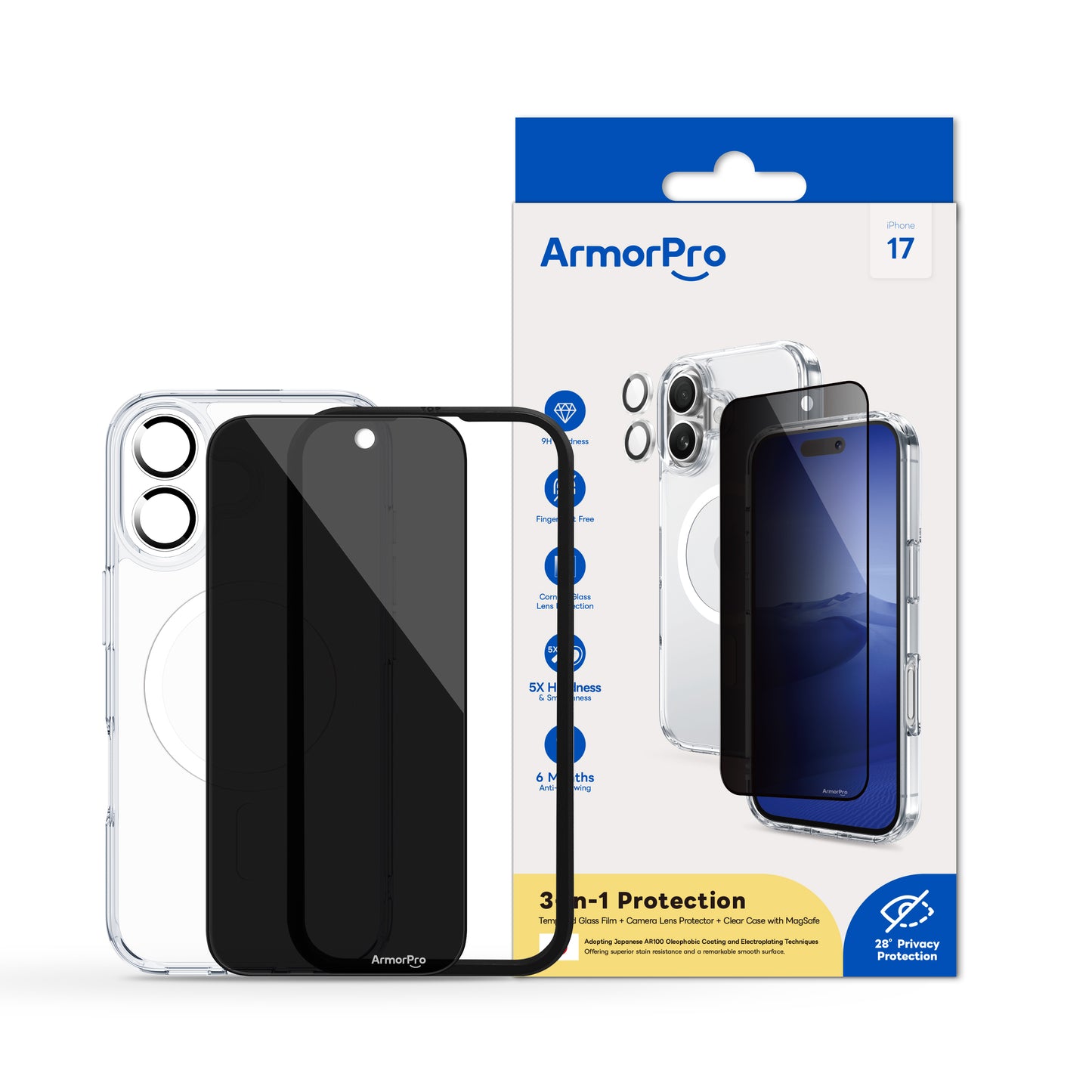 ArmorPro SODA 3-in-1 Combo (Privacy Screen Protector & Camera Lens &Clear Case with MagSafe) for iPhone 17 Series