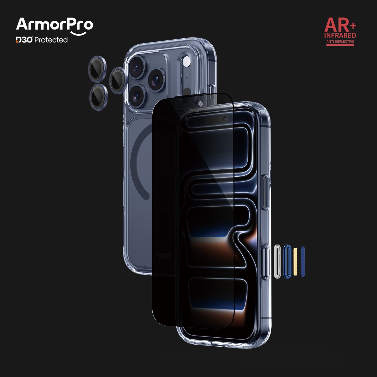ArmorPro D3O 3-in-1 Combo with Capture Button (Privacy Anti-Reflective Screen Protector & DoubleAR Camera Lens & D3O Clear Case with MagSafe) for iPhone 17 Pro & 17 Pro Max
