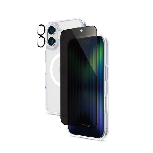 ArmorPro D3O 3-in-1 Combo (Privacy Screen Protector & Camera Lens & Clear Case with MagSafe) for iPhone 16 Series