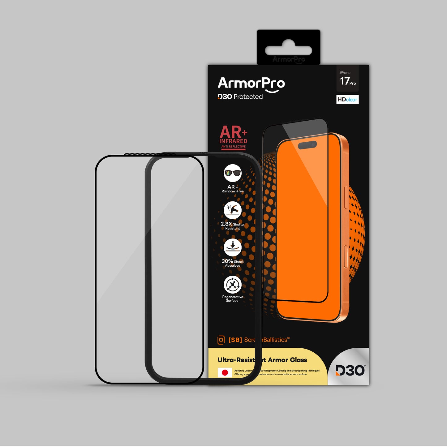 ArmorPro D3O ScreenBallistics Screen Protector HD AR + Rainbow-Free for iPhone 17 Pro & 17 Pro Max