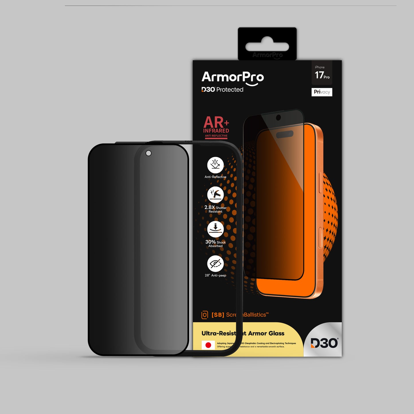 ArmorPro D3O ScreenBallistics Screen Protector Privacy AR for iPhone 17 Pro & 17 Pro Max