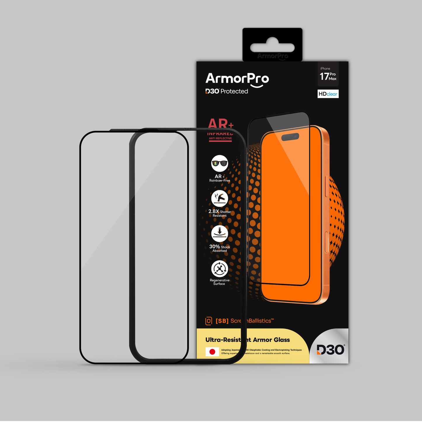 ArmorPro D3O ScreenBallistics Screen Protector HD AR + Rainbow-Free for iPhone 17 Pro & 17 Pro Max