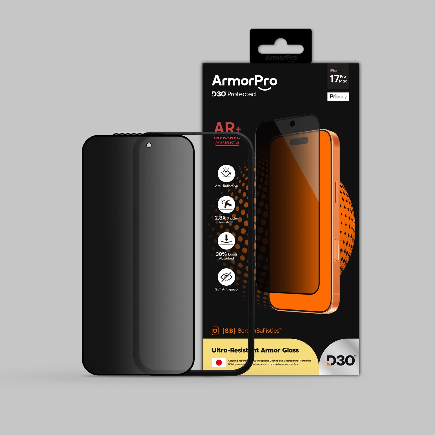 ArmorPro D3O ScreenBallistics Screen Protector Privacy AR for iPhone 17 Pro & 17 Pro Max