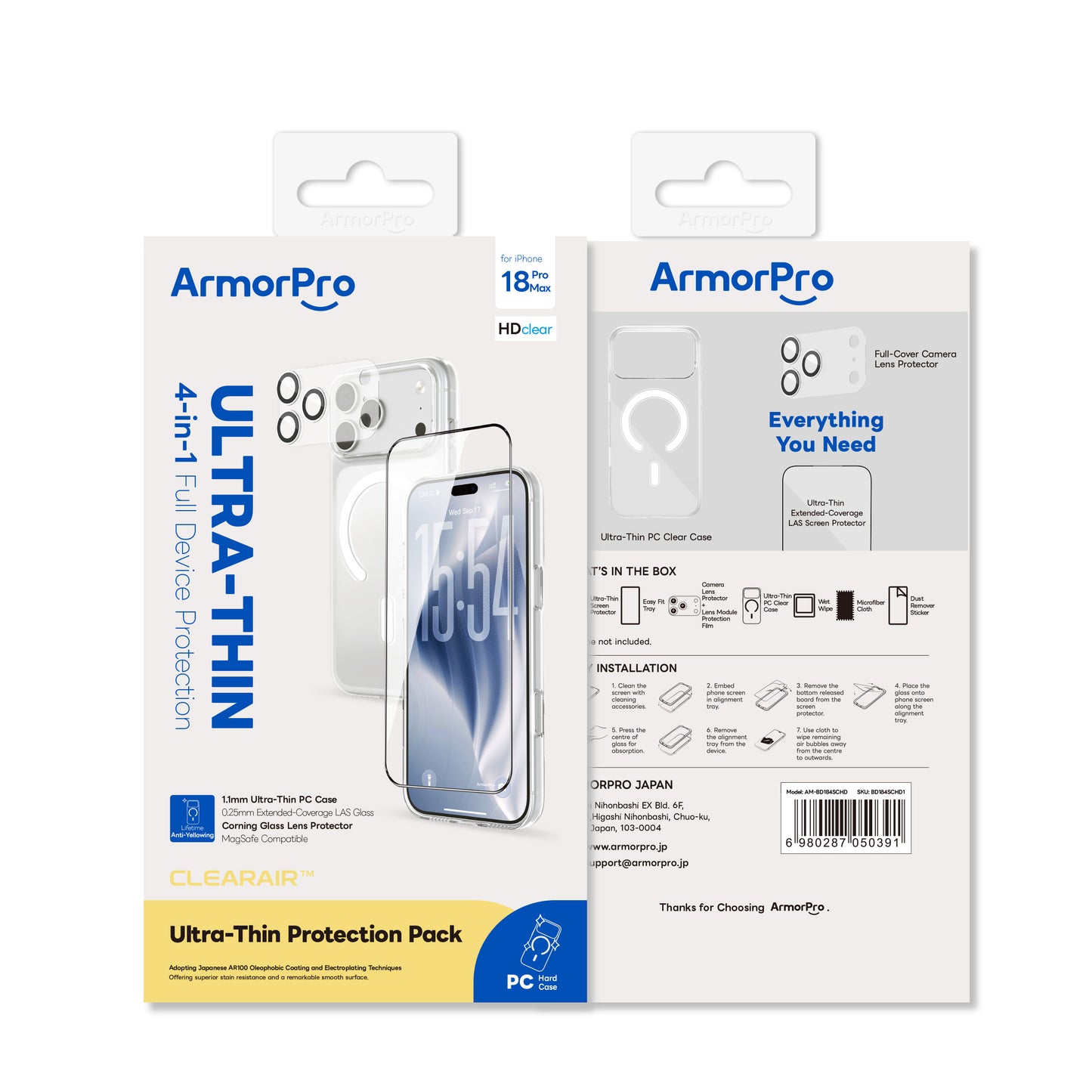 ArmorPro ClearAir 4-in-1 Combo (HD Ultra Thin Screen Protector & Transparent Camera Lens & Lens Module Protection Film & Slim Clear Case with MagSafe) for iP18 Series