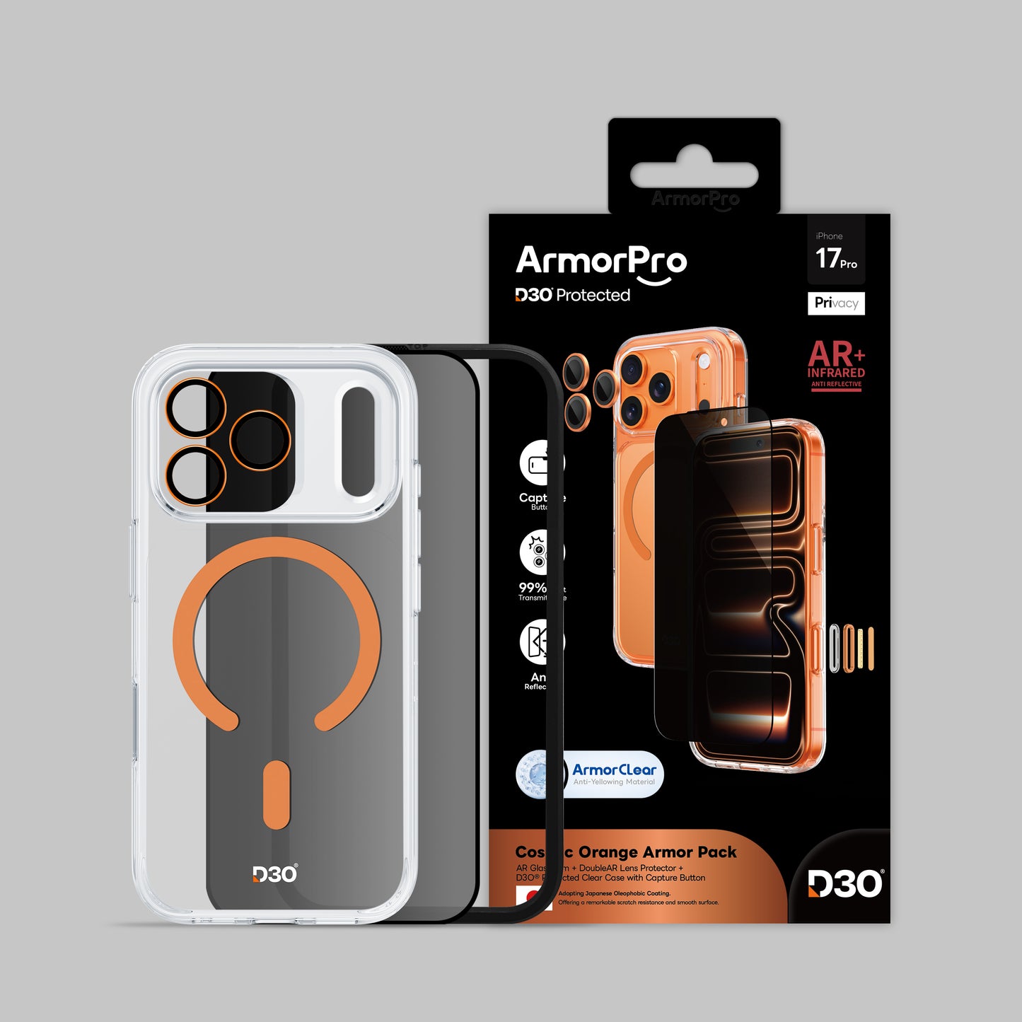 ArmorPro D3O 3-in-1 Combo with Capture Button (Privacy Anti-Reflective Screen Protector & DoubleAR Camera Lens & D3O Clear Case with MagSafe) for iPhone 17 Pro & 17 Pro Max
