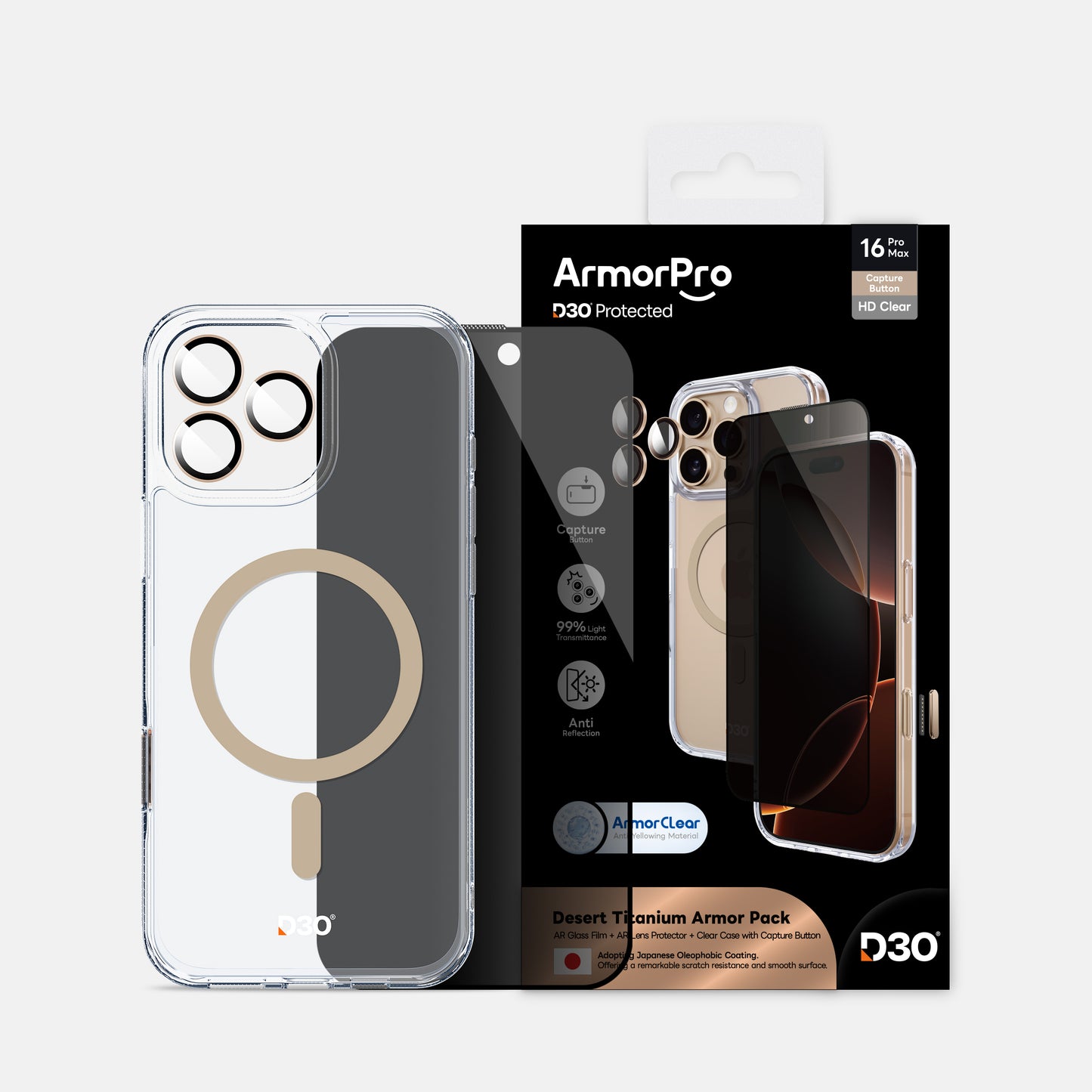 ArmorPro D3O 3-in-1 Combo (Privacy Anti-Reflective Screen Protector & DoubleAR Camera Lens & D3O Clear Case with Gold MagSafe) for iPhone 16 Pro & iPhone 16 Pro Max