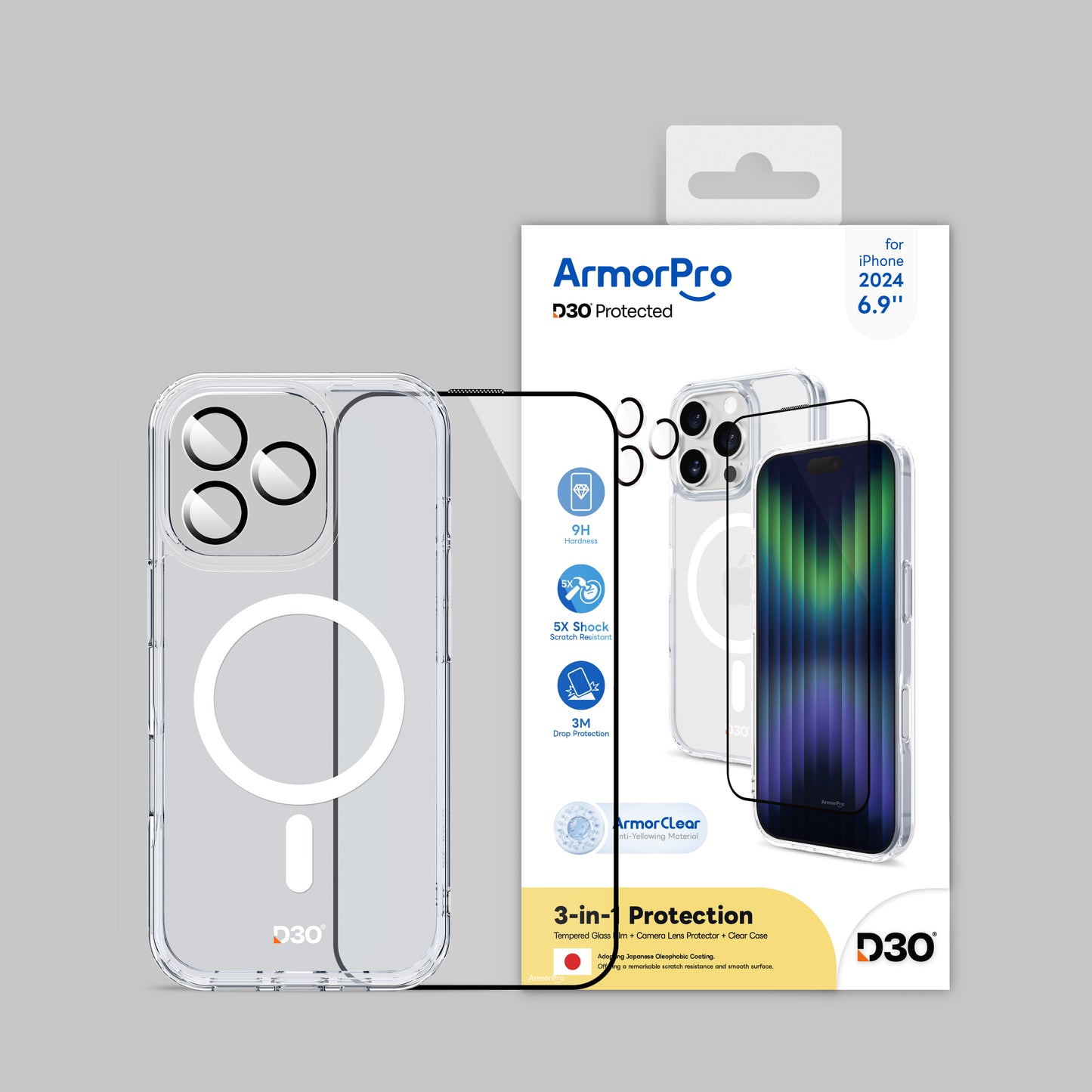 ArmorPro D3O 3-in-1 Combo (HD Screen Protector & Camera Lens & Clear Case with MagSafe ) for iPhone 16 Series