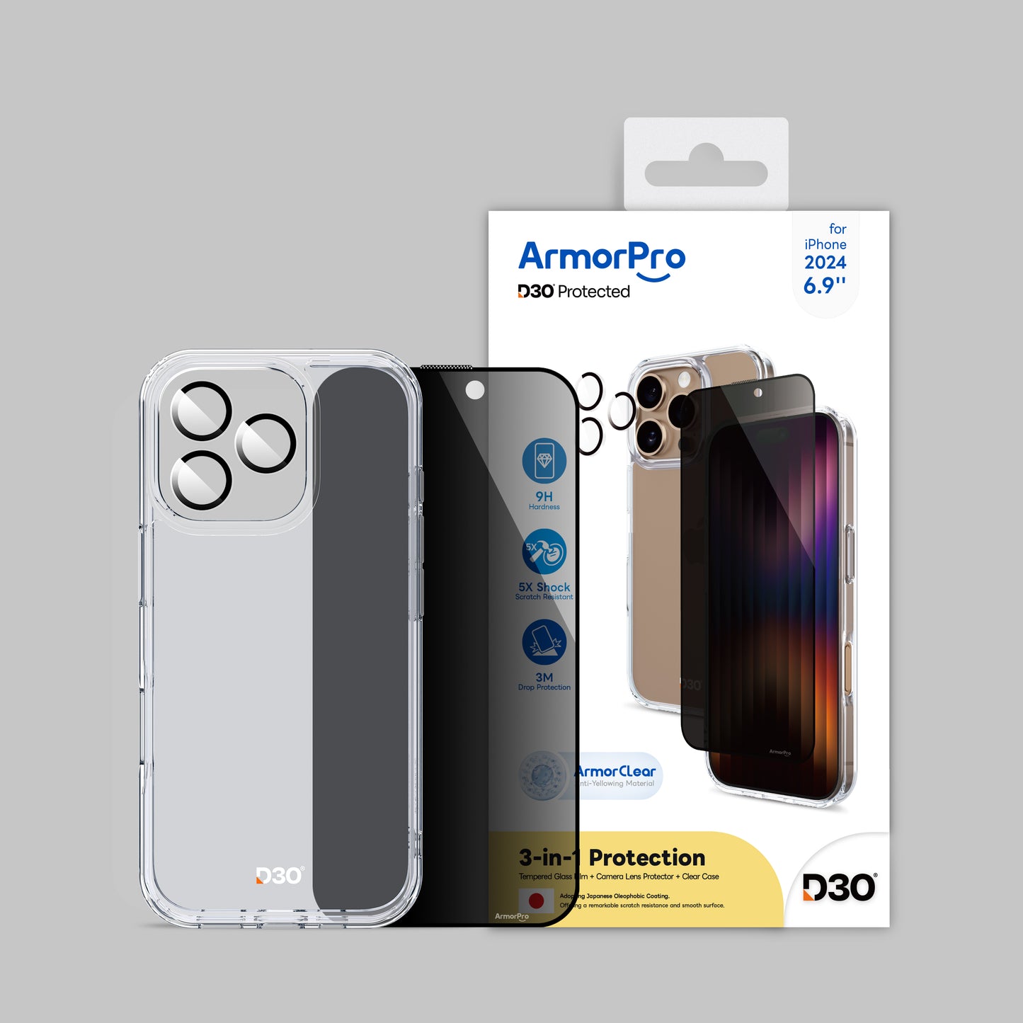 ArmorPro D3O 3-in-1 Combo (Privacy Screen Protector & Camera Lens & Clear Case) for iPhone 16 Series