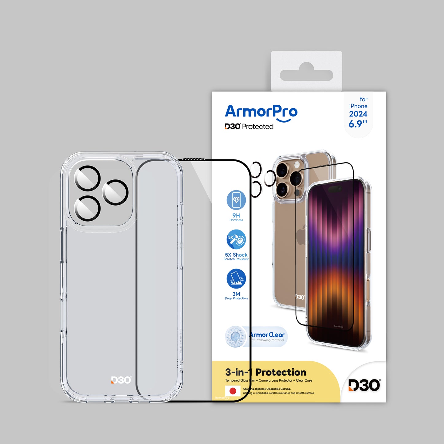 ArmorPro D3O 3-in-1 Combo (HD Screen Protector & Camera Lens & Clear  Case) for iPhone 16 Series