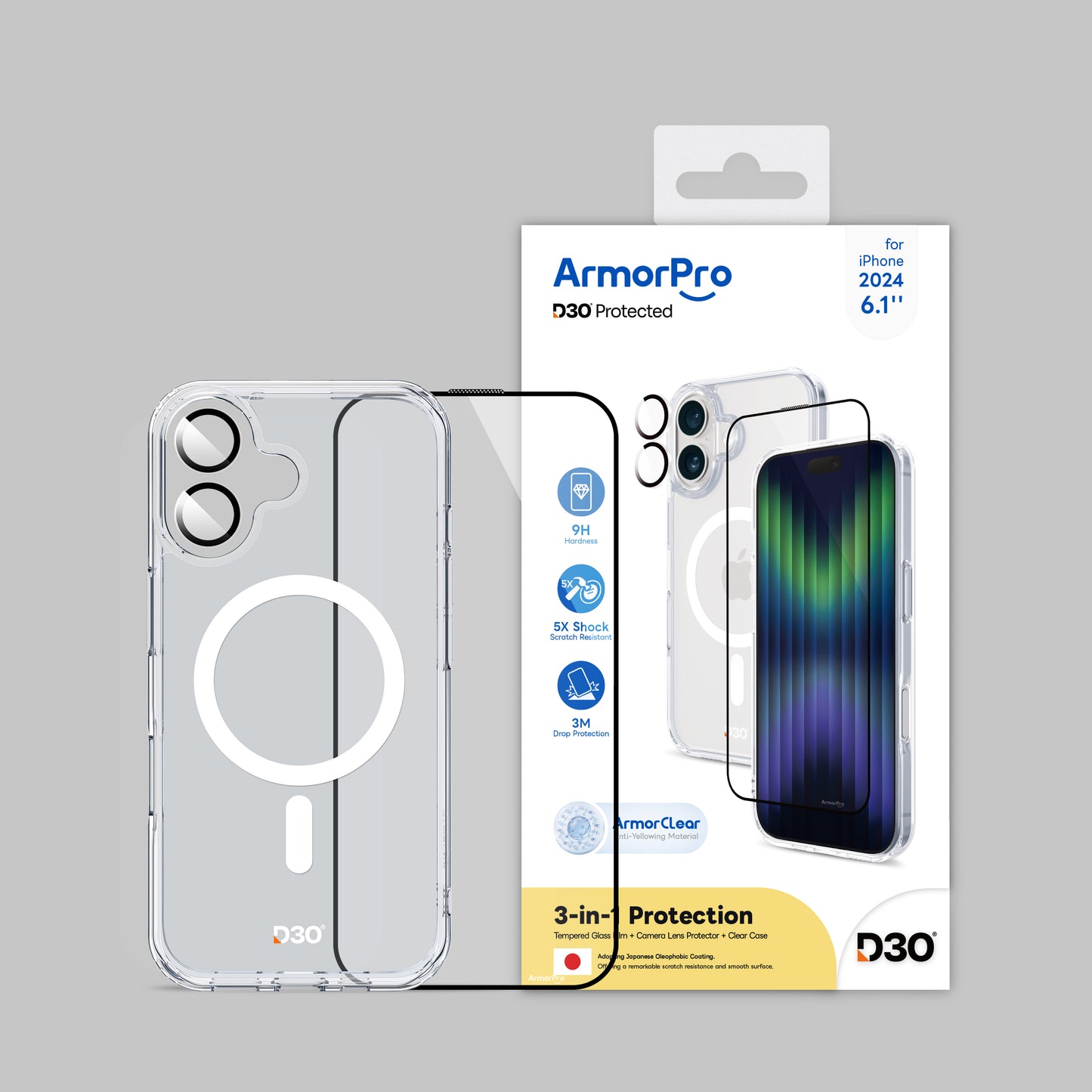 ArmorPro D3O 3-in-1 Combo (HD Screen Protector & Camera Lens & Clear Case with MagSafe ) for iPhone 16 Series
