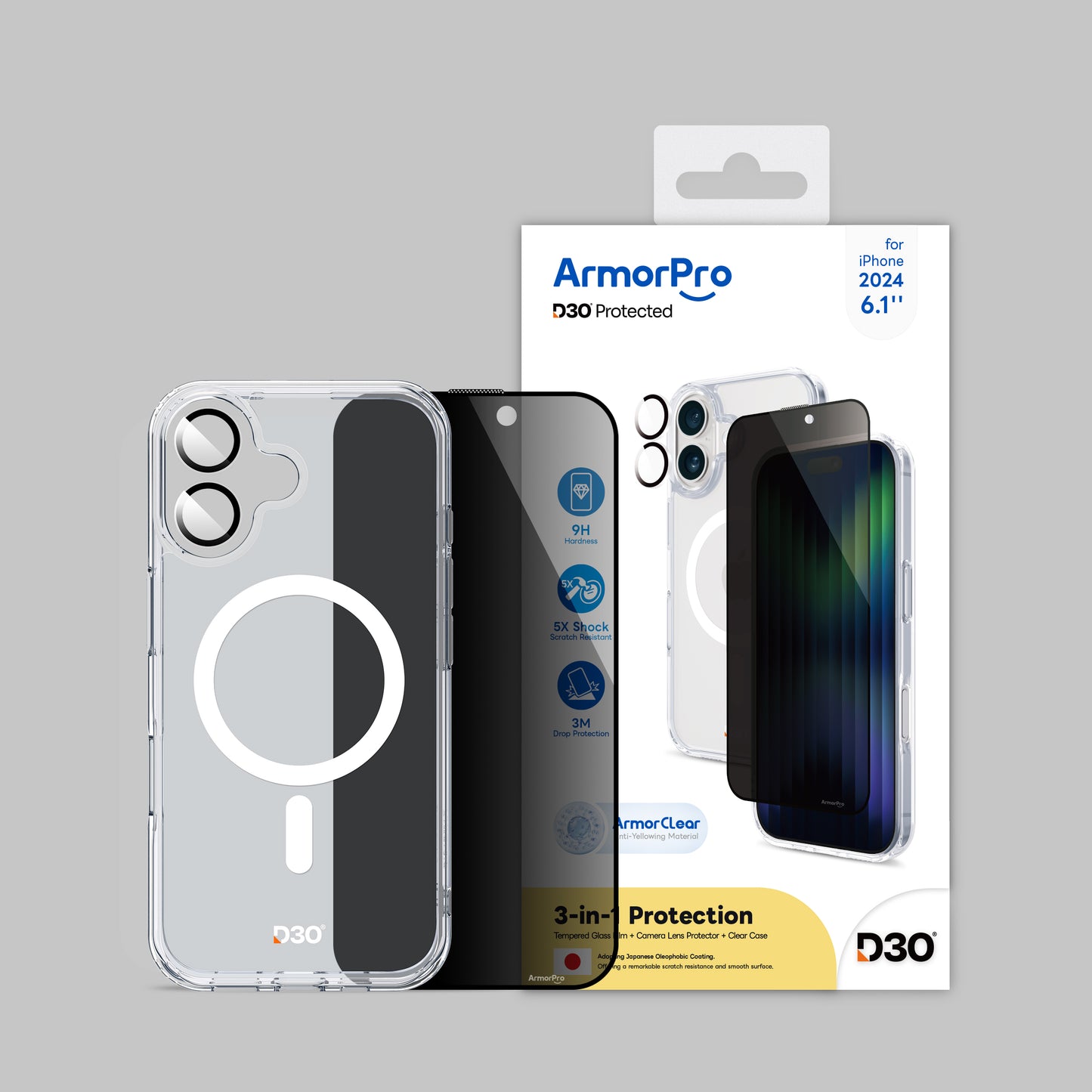 ArmorPro D3O 3-in-1 Combo (Privacy Screen Protector & Camera Lens & Clear Case with MagSafe) for iPhone 16 Series