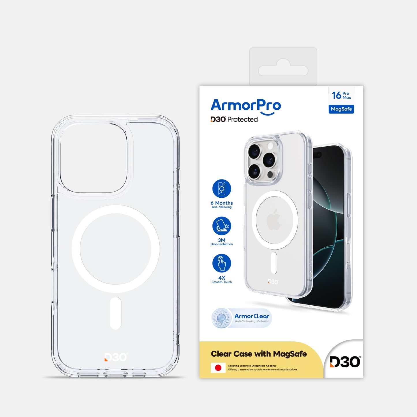 ArmorPro D3O Protected Clear Case with White MagSafe for iPhone 16 Series