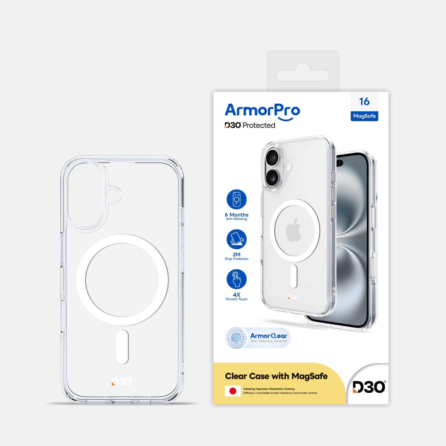 ArmorPro D3O Protected Clear Case with White MagSafe for iPhone 16 Series