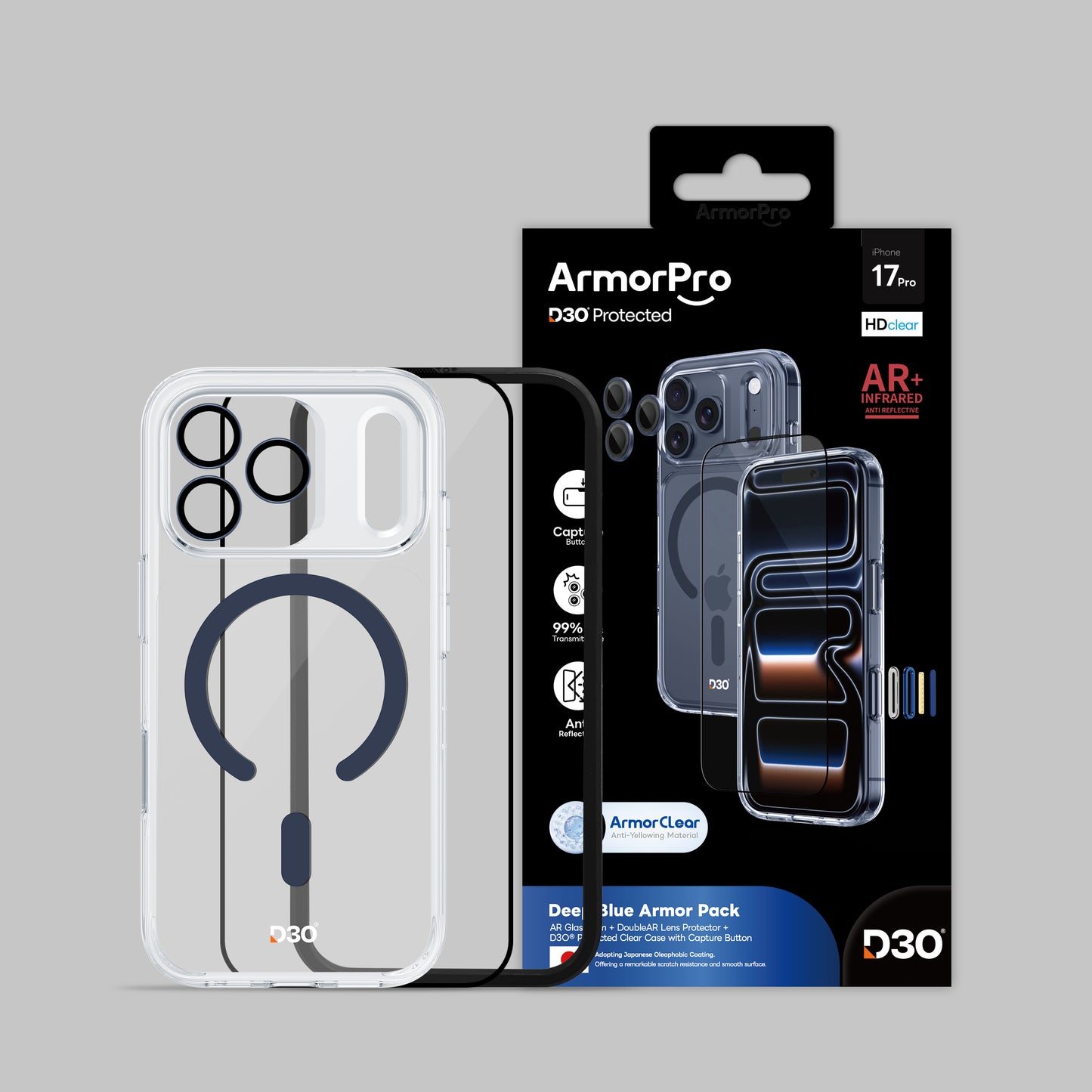 ArmorPro D3O 3-in-1 Combo with Capture Button (HD Anti-Reflective Screen Protector & DoubleAR Camera Lens & D3O Clear Case with MagSafe) for iPhone 17 Pro & 17 Pro Max