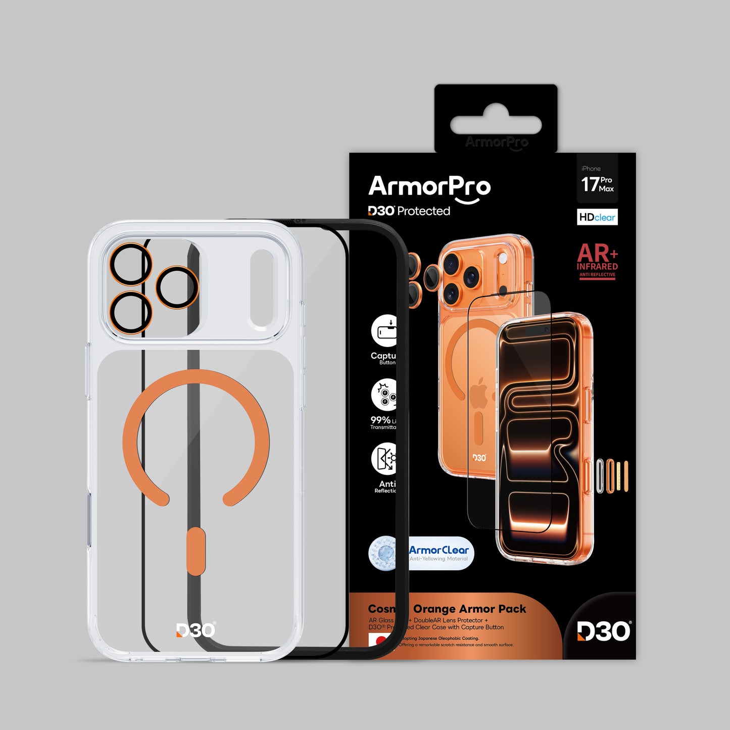 ArmorPro D3O 3-in-1 Combo with Capture Button (HD Anti-Reflective Screen Protector & DoubleAR Camera Lens & D3O Clear Case with MagSafe) for iPhone 17 Pro & 17 Pro Max