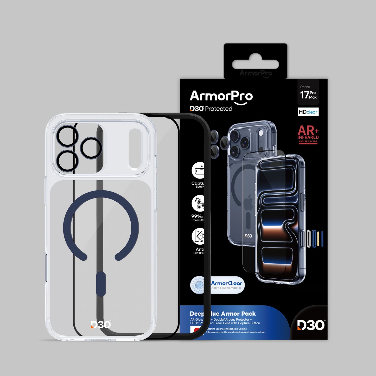 ArmorPro D3O 3-in-1 Combo with Capture Button (HD Anti-Reflective Screen Protector & DoubleAR Camera Lens & D3O Clear Case with MagSafe) for iPhone 17 Pro & 17 Pro Max