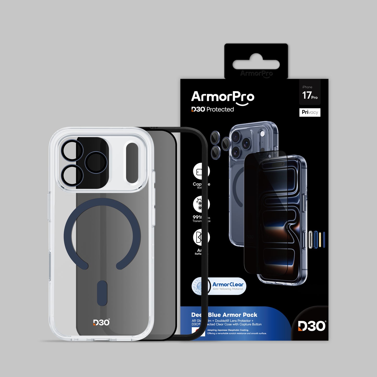 ArmorPro D3O 3-in-1 Combo with Capture Button (Privacy Anti-Reflective Screen Protector & DoubleAR Camera Lens & D3O Clear Case with MagSafe) for iPhone 17 Pro & 17 Pro Max