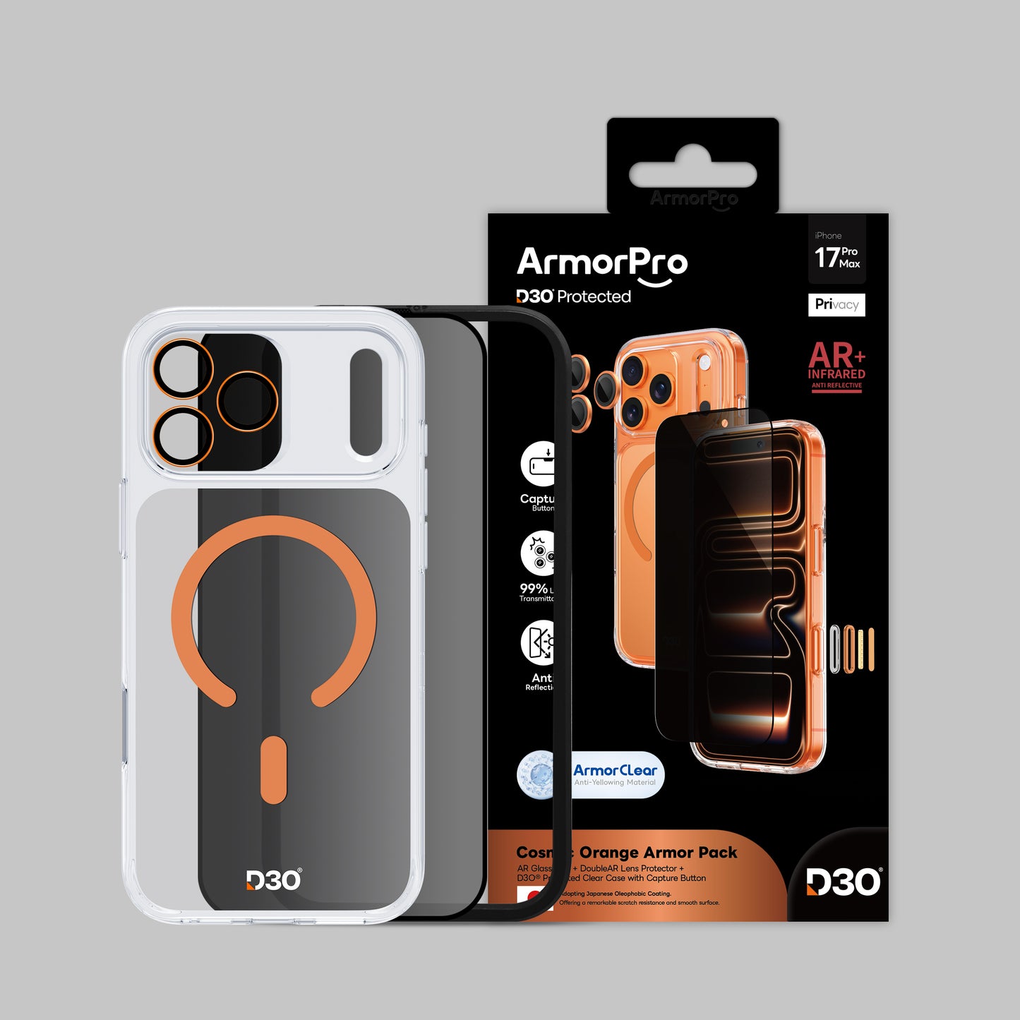 ArmorPro D3O 3-in-1 Combo with Capture Button (Privacy Anti-Reflective Screen Protector & DoubleAR Camera Lens & D3O Clear Case with MagSafe) for iPhone 17 Pro & 17 Pro Max