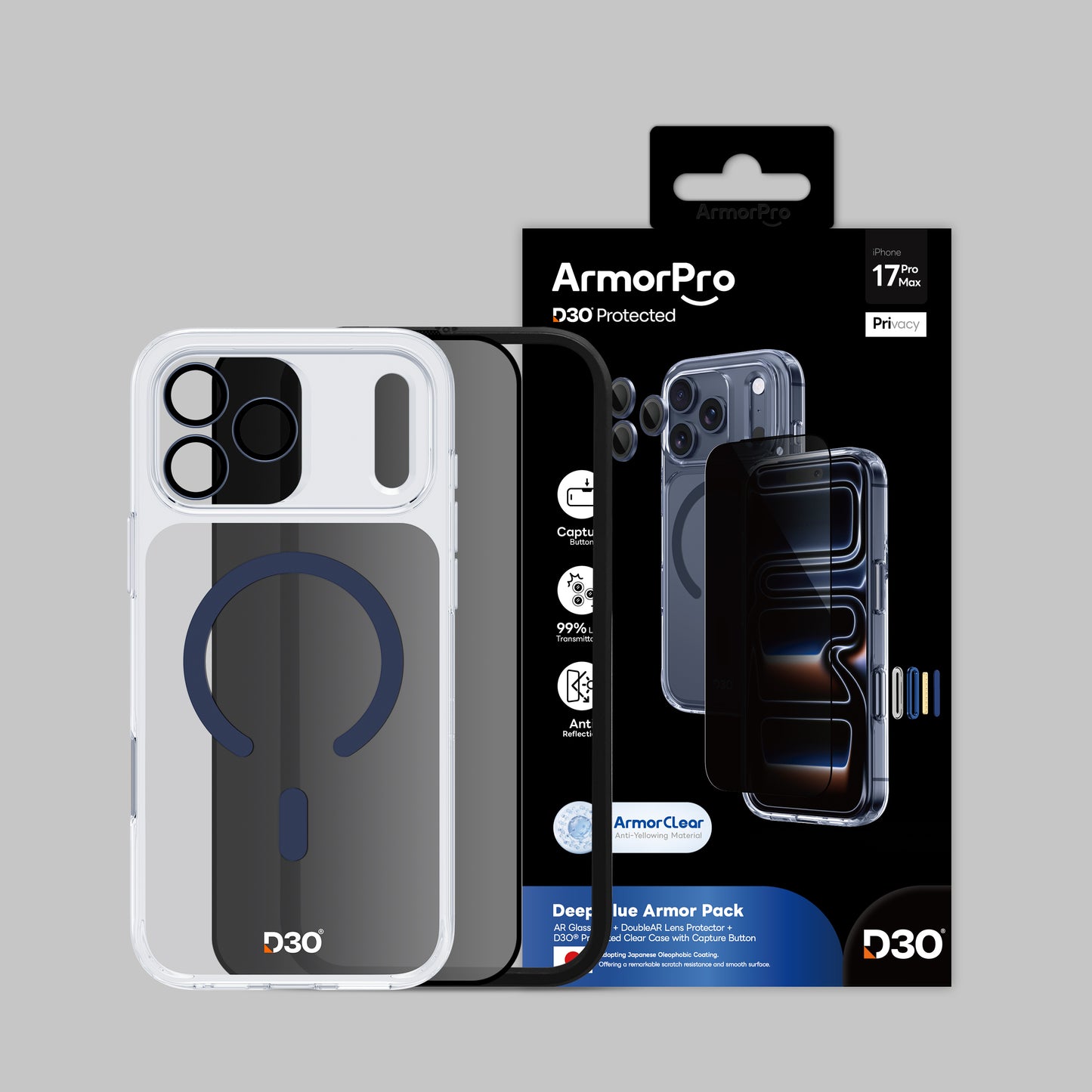 ArmorPro D3O 3-in-1 Combo with Capture Button (Privacy Anti-Reflective Screen Protector & DoubleAR Camera Lens & D3O Clear Case with MagSafe) for iPhone 17 Pro & 17 Pro Max