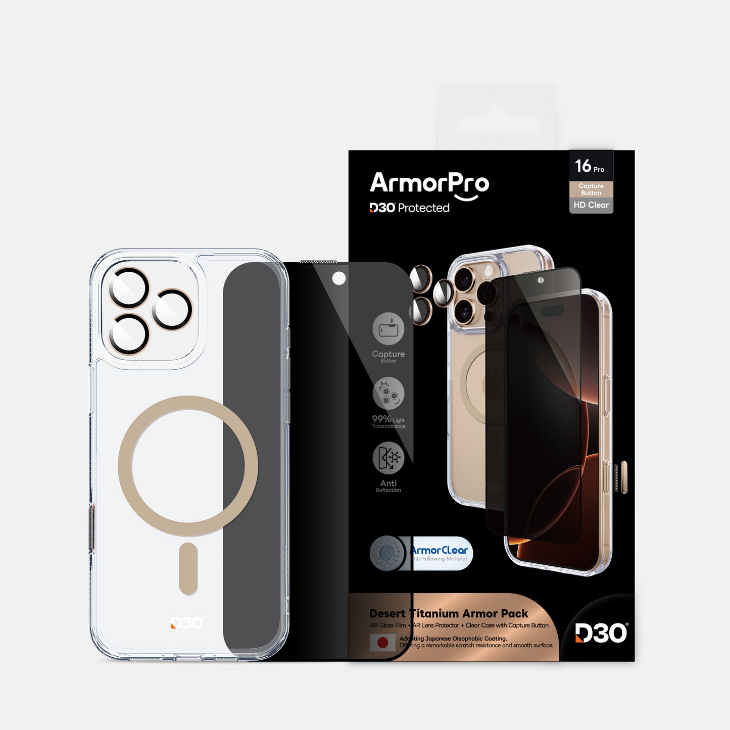 ArmorPro D3O 3-in-1 Combo (Privacy Anti-Reflective Screen Protector & DoubleAR Camera Lens & D3O Clear Case with Gold MagSafe) for iPhone 16 Pro & iPhone 16 Pro Max