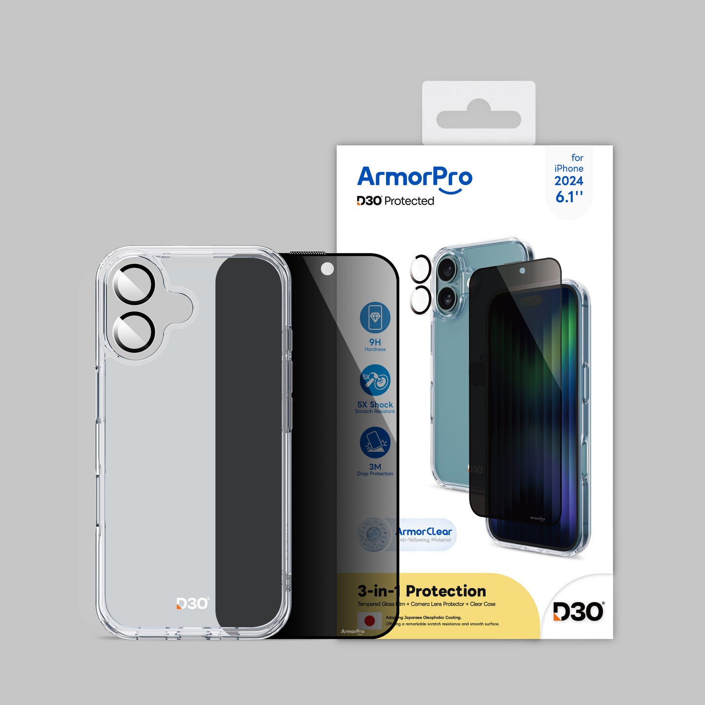 ArmorPro D3O 3-in-1 Combo (Privacy Screen Protector & Camera Lens & Clear Case) for iPhone 16 Series
