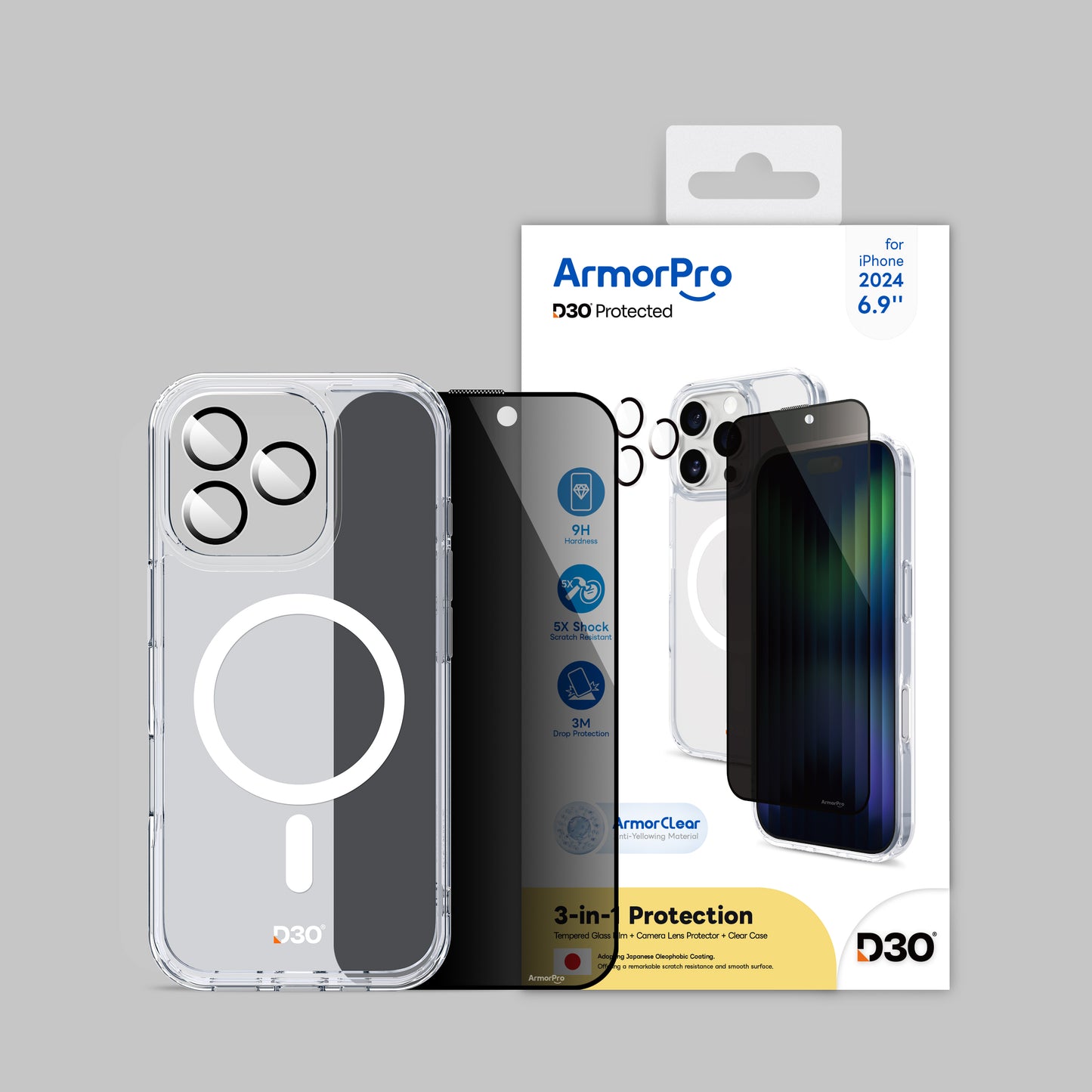 ArmorPro D3O 3-in-1 Combo (Privacy Screen Protector & Camera Lens & Clear Case with MagSafe) for iPhone 16 Series
