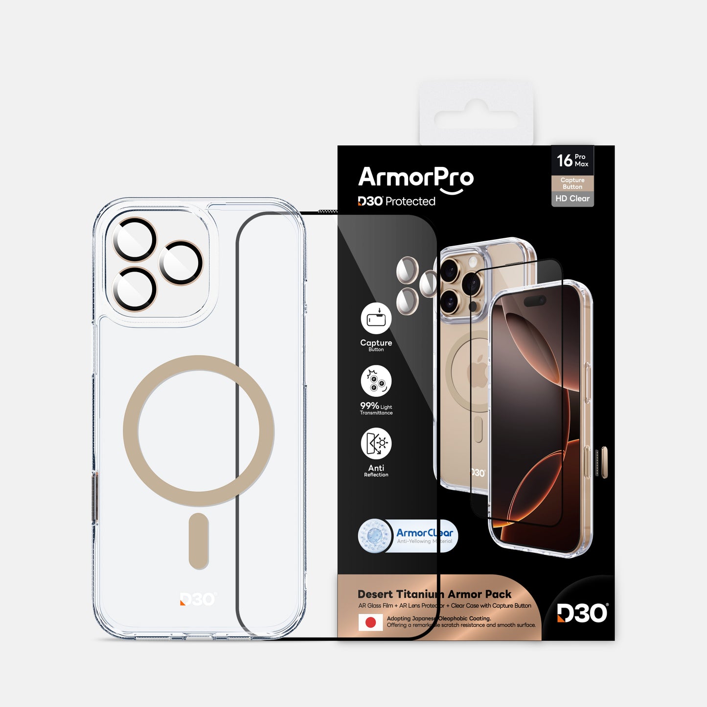 ArmorPro D3O 3-in-1 Combo (HD Anti-Reflective Screen Protector & DoubleAR Camera Lens & D3O Clear Case with Gold MagSafe) for iPhone 16 Pro & 16 Pro Max