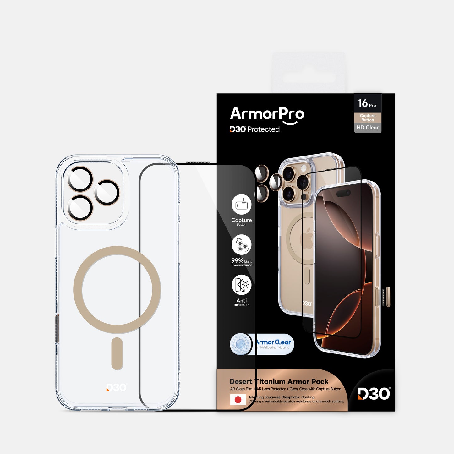ArmorPro D3O 3-in-1 Combo (HD Anti-Reflective Screen Protector & DoubleAR Camera Lens & D3O Clear Case with Gold MagSafe) for iPhone 16 Pro & 16 Pro Max