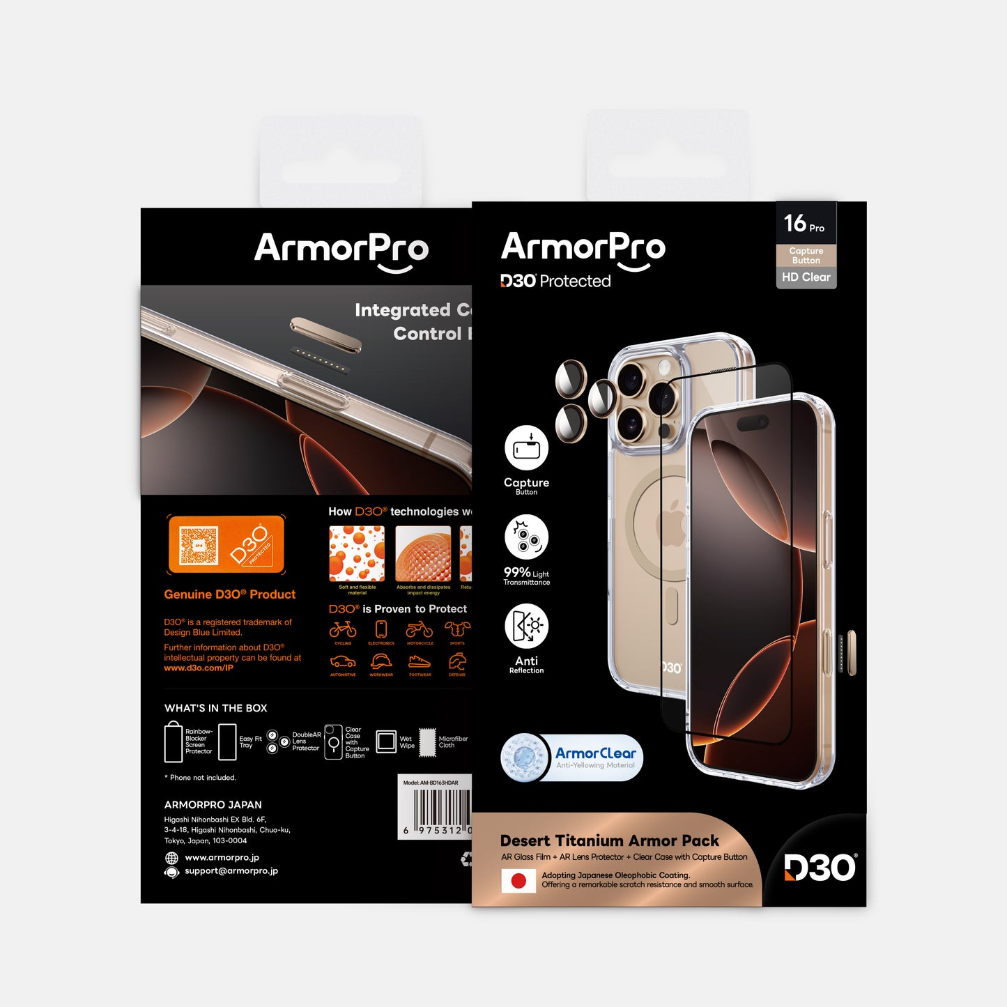 ArmorPro D3O 3-in-1 Combo (HD Anti-Reflective Screen Protector & DoubleAR Camera Lens & D3O Clear Case with Gold MagSafe) for iPhone 16 Pro & 16 Pro Max