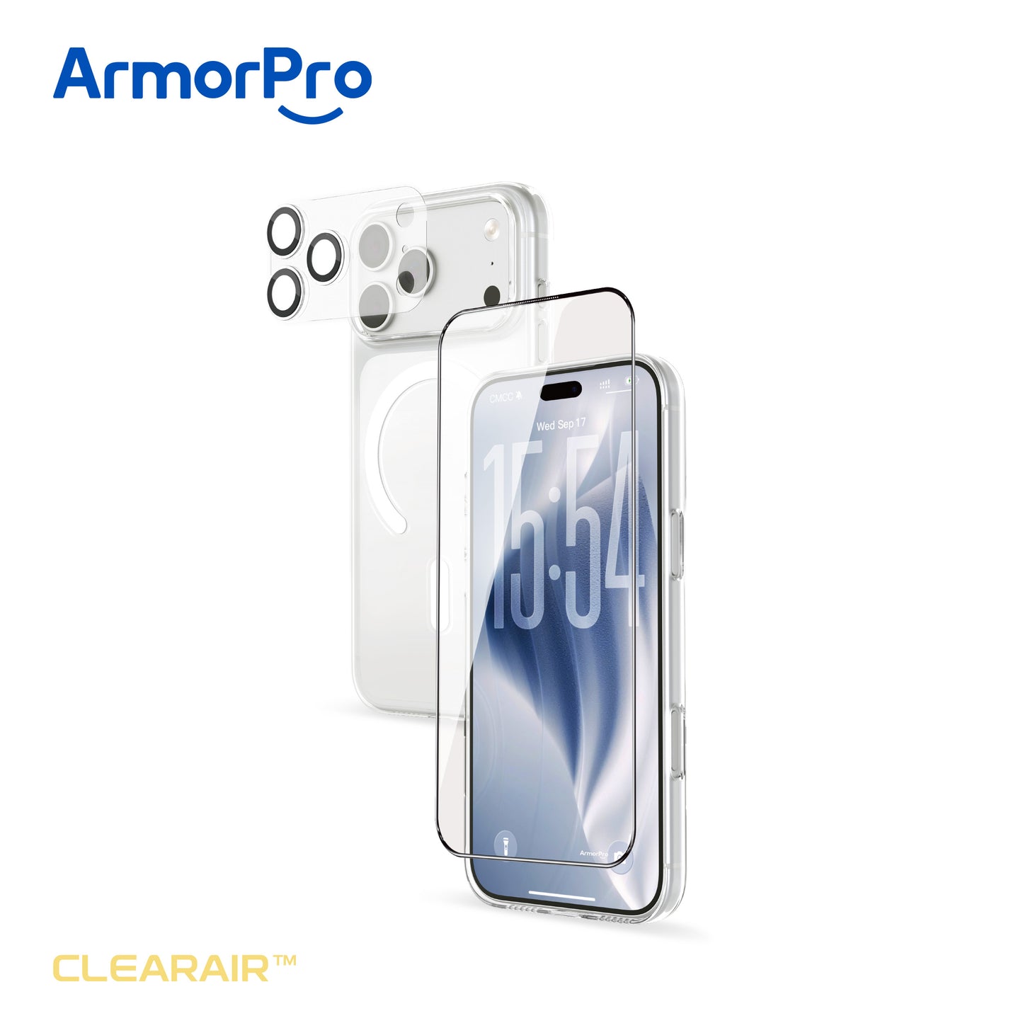 ArmorPro ClearAir 4-in-1 Combo (HD Ultra Thin Screen Protector & Transparent Camera Lens & Lens Module Protection Film & Slim Clear Case with MagSafe) for iP18 Series