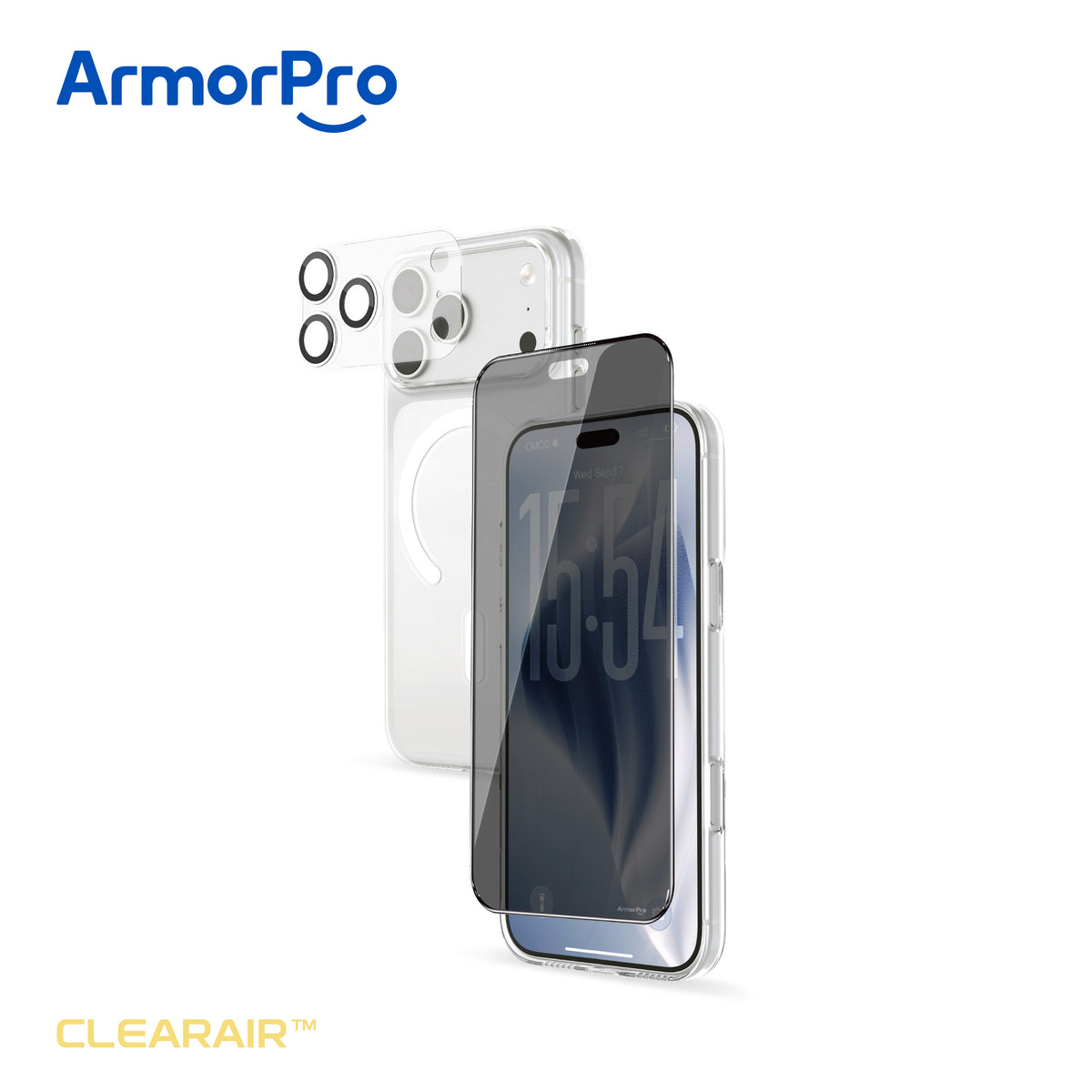 ArmorPro ClearAir 4-in-1 Combo (Privacy Ultra Thin Screen Protector & Transparent Camera Lens & Lens Module Protection Film & Slim Clear Case with MagSafe) for iP18 Series