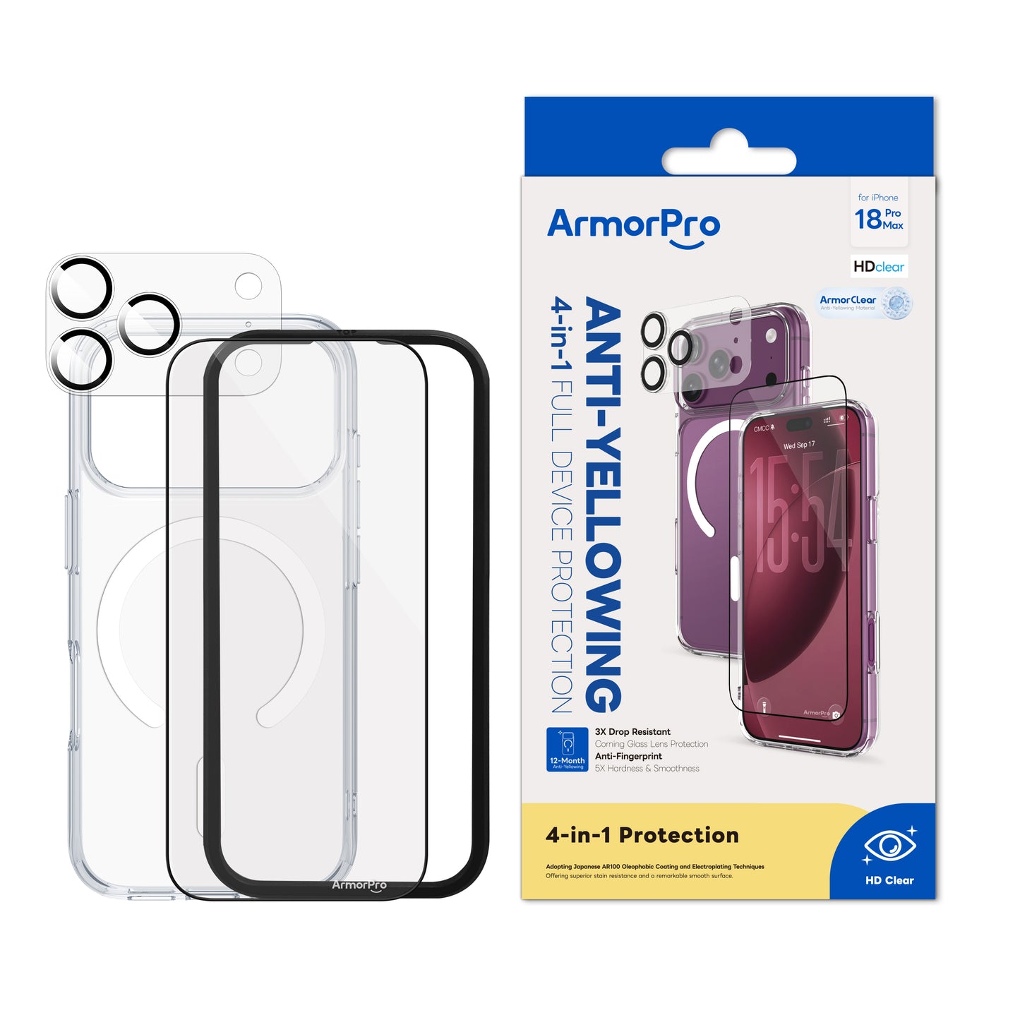 ArmorPro Basic 4-in-1 Combo (HD Screen Protector & Camera Lens & Camera Cover Shield & Clear Case with Magsafe) HD for iP18 Series