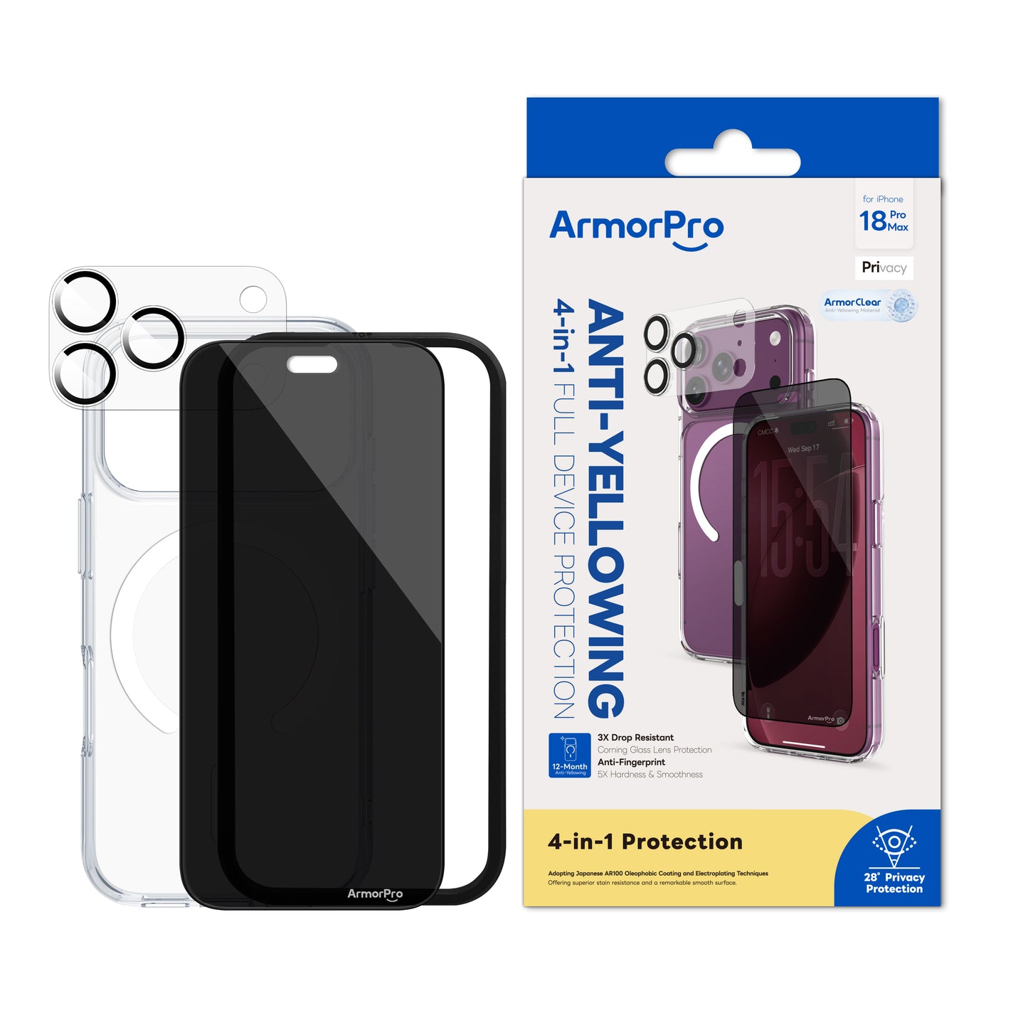 ArmorPro Basic 4-in-1 Combo (Privacy Screen Protector & Camera Lens & Camera Cover Shield & Clear Case with Magsafe) Privacy for iP18 Series