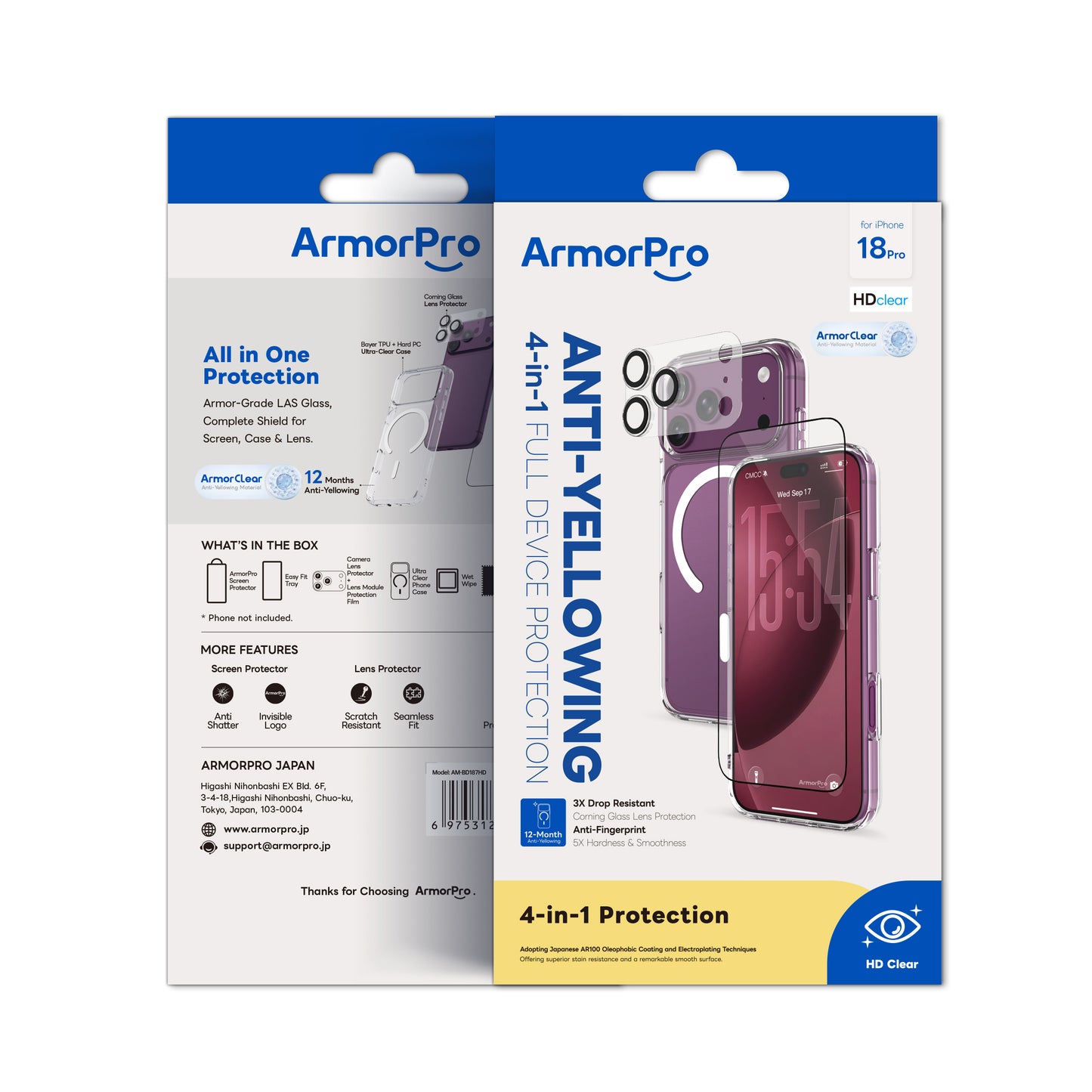ArmorPro Basic 4-in-1 Combo (HD Screen Protector & Camera Lens & Camera Cover Shield & Clear Case with Magsafe) HD for iP18 Series