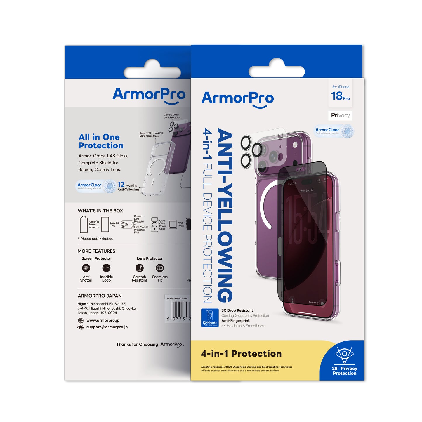 ArmorPro Basic 4-in-1 Combo (Privacy Screen Protector & Camera Lens & Camera Cover Shield & Clear Case with Magsafe) Privacy for iP18 Series