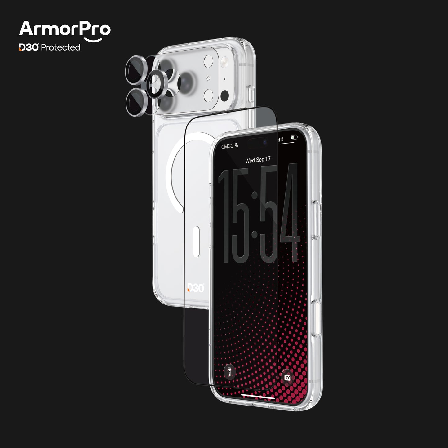 ArmorPro D3O 4-in-1 Combo with Capture Button  (HD Anti-Reflective Screen Protector & DoubleAR Camera Lens & D3O Clear Case with White MagSafe & Lens Module Protection Film) for iP18 Series