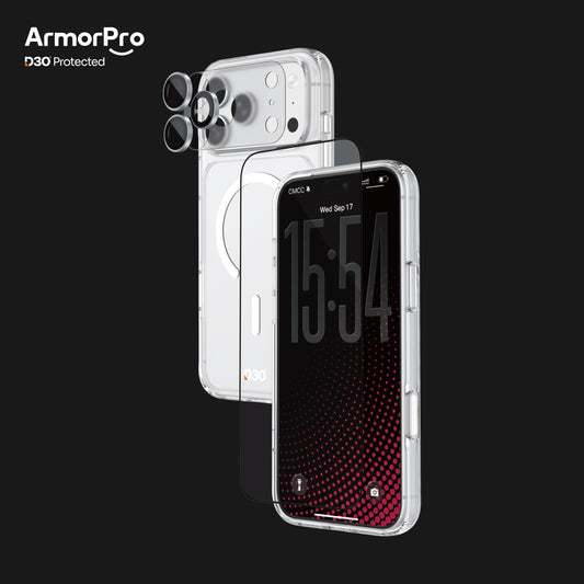 ArmorPro D3O 4-in-1 Combo with Capture Button  (HD Anti-Reflective Screen Protector & DoubleAR Camera Lens & D3O Clear Case with White MagSafe & Lens Module Protection Film) for iP18 Series