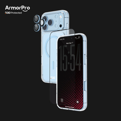ArmorPro D3O 4-in-1 Combo with Capture Button (HD Anti-Reflective Screen Protector & DoubleAR Camera Lens & D3O Clear Case with Cloud Blue MagSafe & Lens Module Protection Film) for iP18 Series